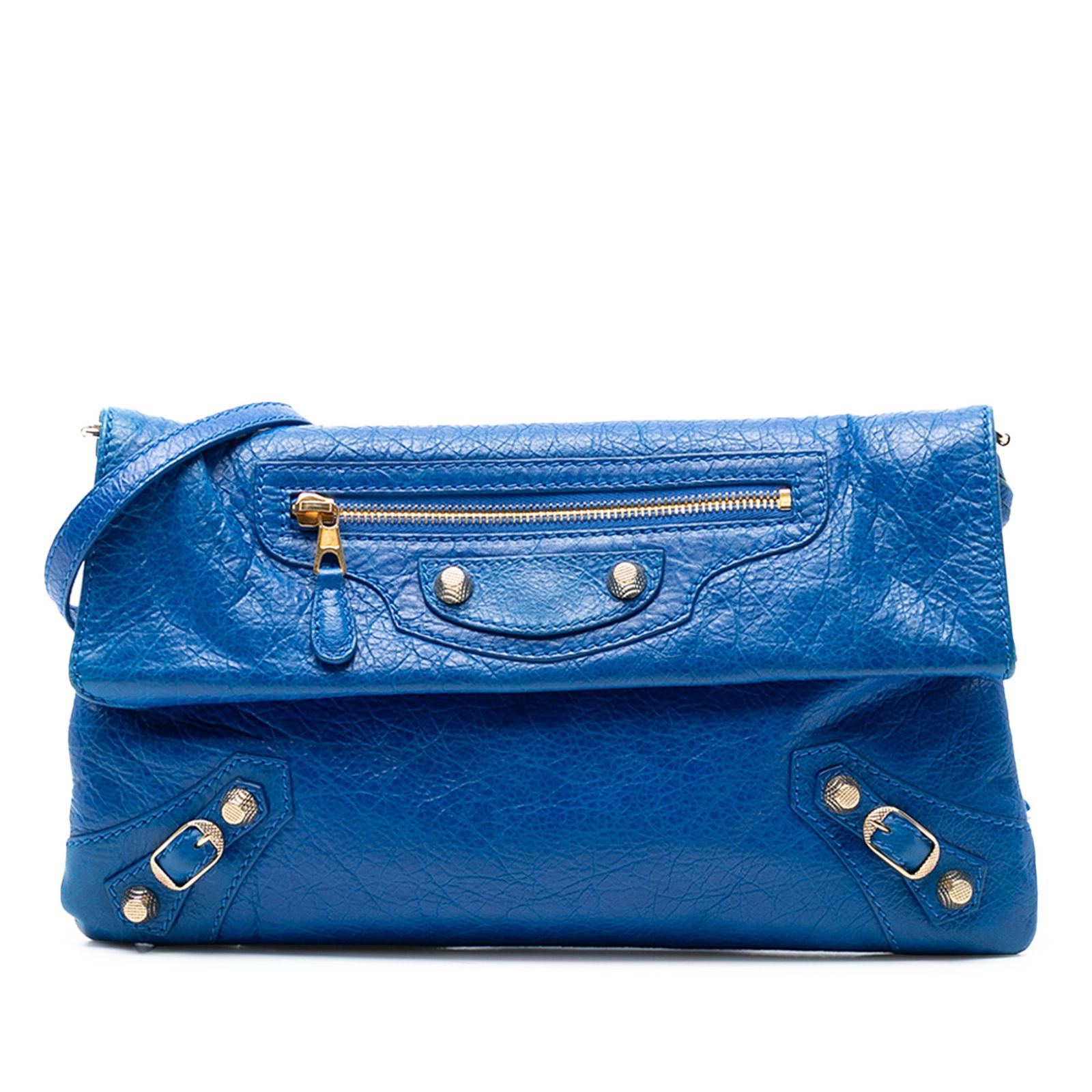 Balenciaga Blue Lambskin Motocross Giant 12 Envelope Clutch With Strap: Balenciaga Blue Lambskin Motocross Giant 12 Envelope Clutch With Strap This Balenciaga Motocross Giant 12 Envelope Clutch features a blue lambskin leather body with a flat leather strap, a top flap se
