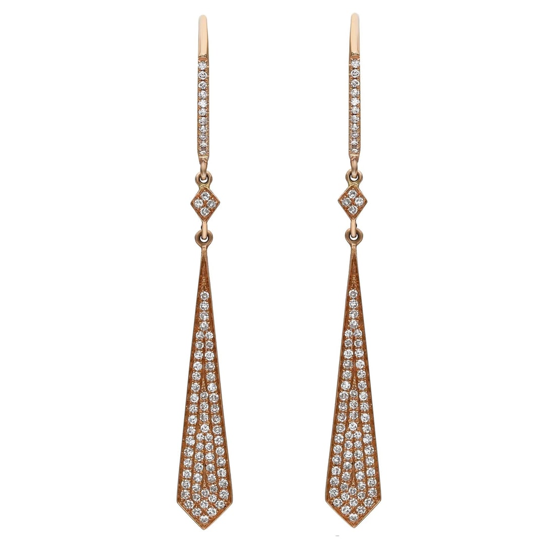 Rachel Koen 18K Rose Gold Round Cut Diamond Drop Earrings 0.43 Cttw: Rachel Koen 18K Rose Gold Round Cut Diamond Drop Earrings 0.43 Cttw These exquisite Round Cut Diamond Drop Earrings are crafted from luxurious 18K rose gold, showcasing a dazzling array of pave set ro