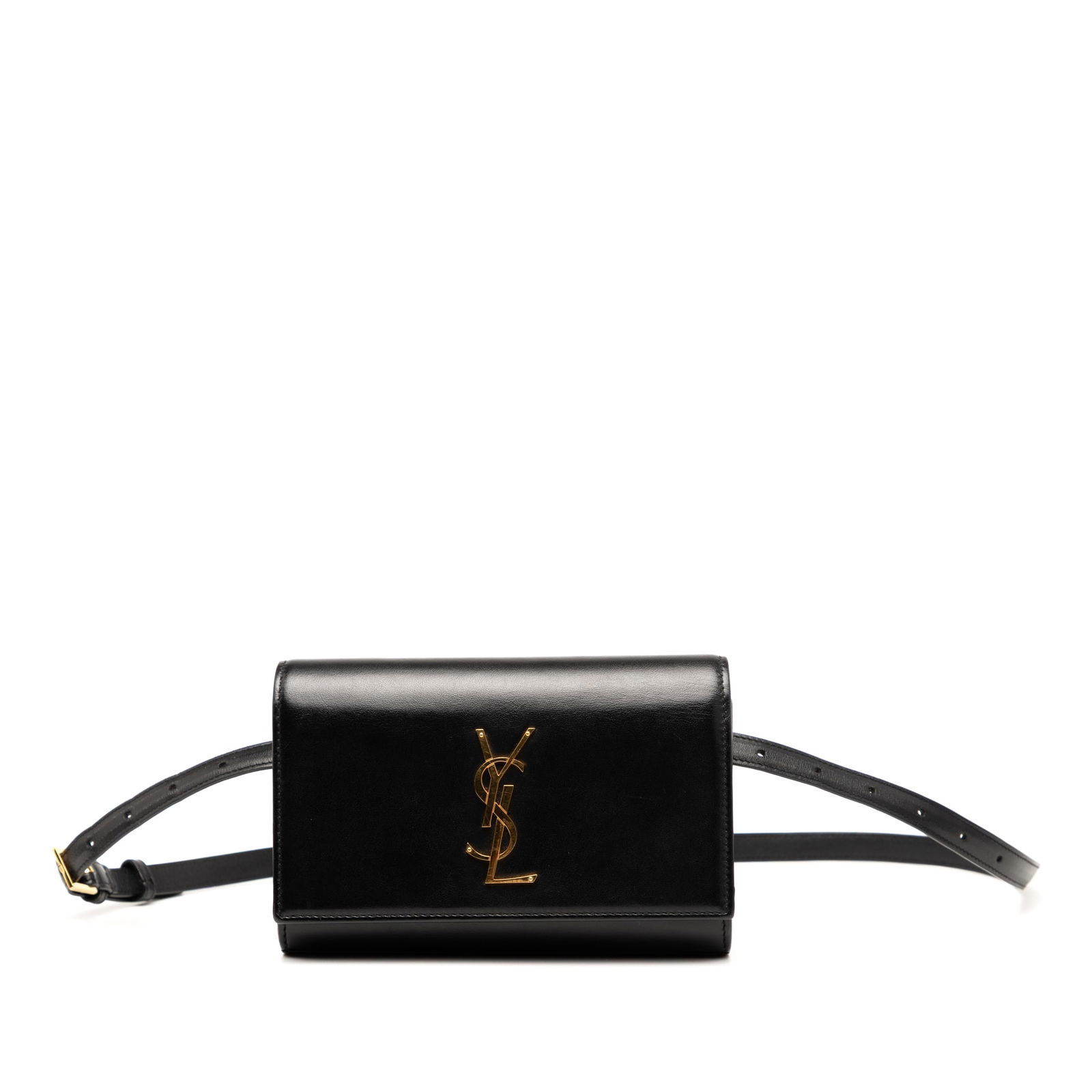 Saint Laurent Black Smooth Calfskin Monogram Kate Belt Bag: Saint Laurent Black Smooth Calfskin Monogram Kate Belt Bag Introducing the Saint Laurent Smooth Calfskin Monogram Kate Belt Bag, a stylish and functional accessory crafted in Italy. This chic belt bag