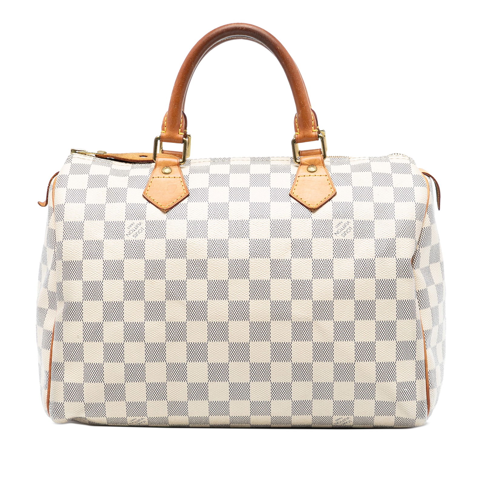 Louis Vuitton Damier Azur Canvas Speedy 30 Handbag with Leather Handles: Louis Vuitton Damier Azur Canvas Speedy 30 Handbag with Leather Handles This Louis Vuitton Damier Azur Speedy 30 features a damier azur canvas exterior with rolled vachetta leather handles, a top zip
