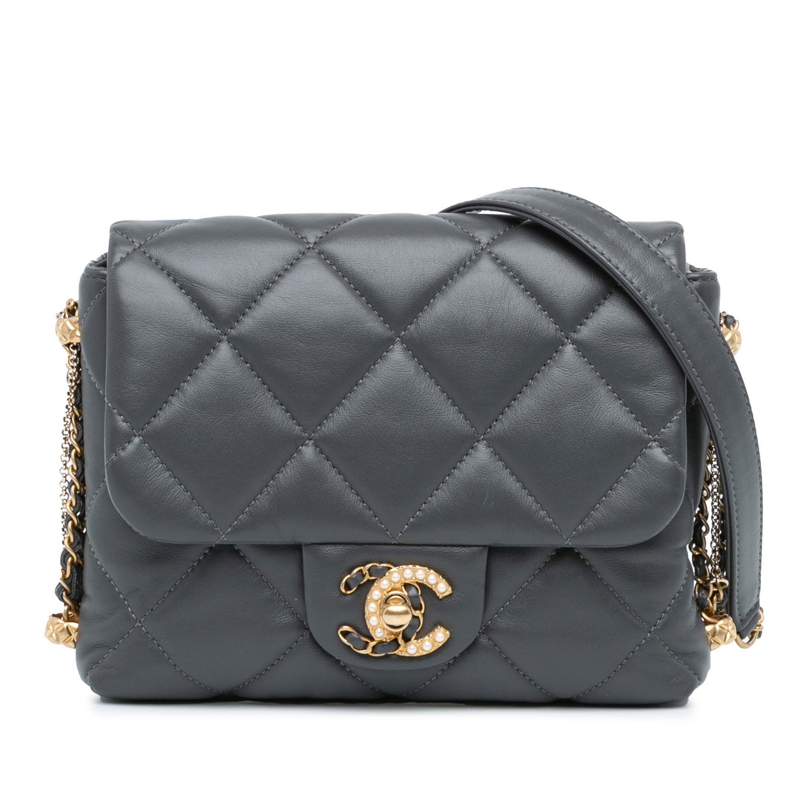 Chanel Mini Quilted Lambskin Crossbody Flap Bag Blue: Chanel Mini Quilted Lambskin Crossbody Flap Bag Blue This stylish Chanel Mini Quilted Lambskin Crush on Chains Flap crossbody bag is crafted from luxurious quilted lambskin leather in a sophisticated