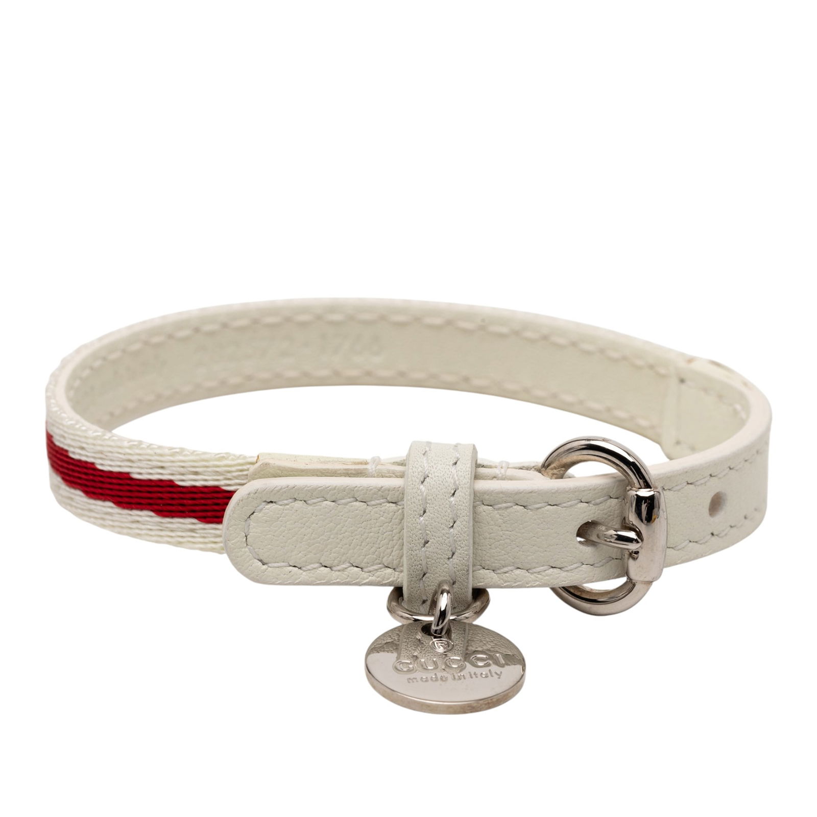 White Leather Gucci Loves You Bracelet with Silver Tone Buckle: White Leather Gucci Loves You Bracelet with Silver Tone Buckle This Gucci Loves You bracelet features a leather and canvas body with silver-tone hardware and a buckle closure. The design is finished i