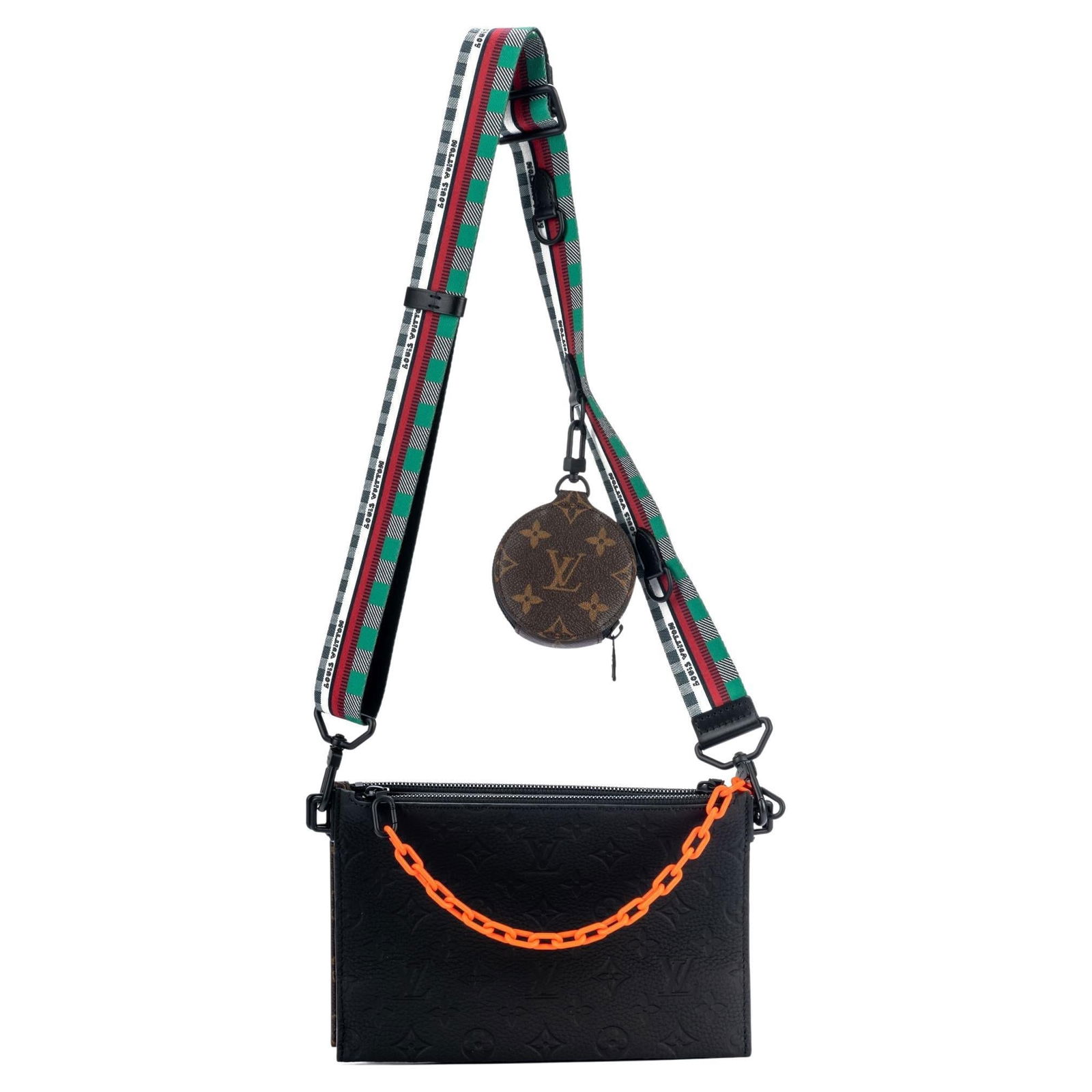 Louis Vuitton SS22 Trio Pouch Crossbody Monogram with Orange Chain: Louis Vuitton SS22 Trio Pouch Crossbody Monogram with Orange Chain The Louis Vuitton Crossbody SS22 Trio Pouch is a stylish and practical accessory designed for the modern individual. This bag feature