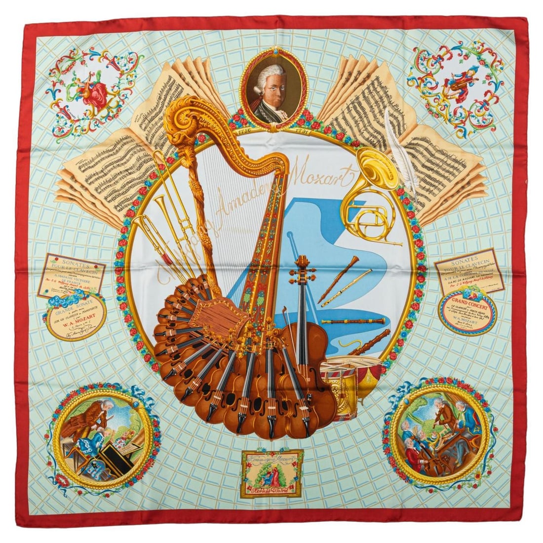 Hermes Amadeus Mozart 100% Silk Scarf France 35in: Hermes Amadeus Mozart 100% Silk Scarf France 35in This exquisite Hermes collectible silk scarf features a stunning design inspired by Amadeus Mozart, showcasing intricate details that pay homage to th