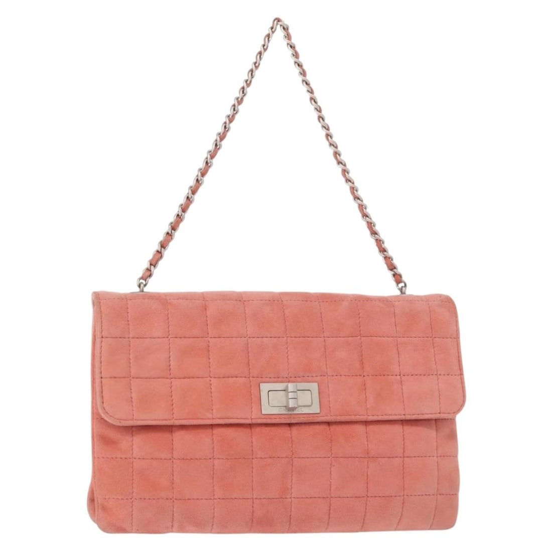 CHANEL Pink Suede Choco Bar Chain Shoulder Bag Auth ka046: CHANEL Pink Suede Choco Bar Chain Shoulder Bag Auth ka046 This elegant CHANEL Choco Bar Line Chain Shoulder Bag is crafted from luxurious pink suede, making it a stylish accessory for any occasion. Th
