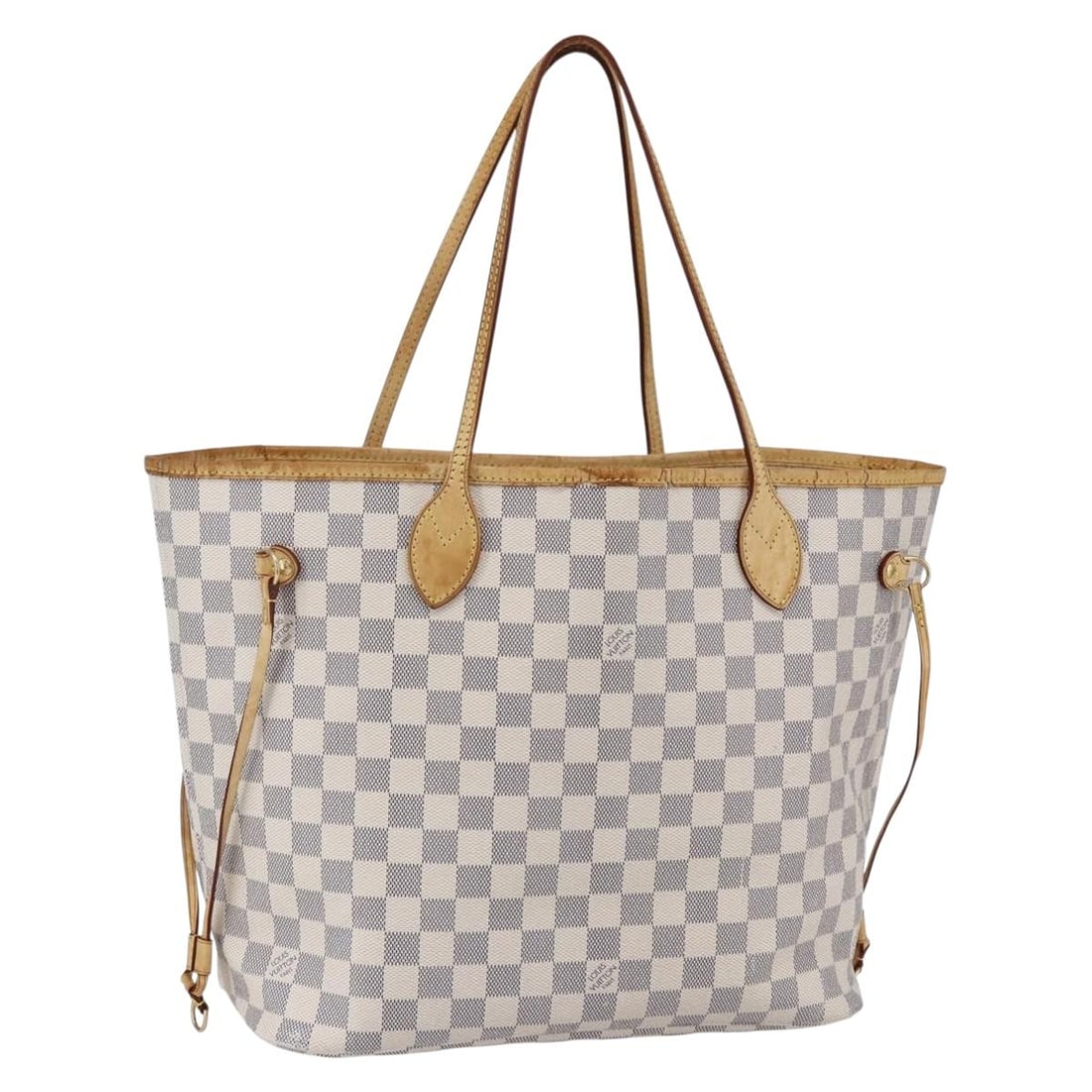 Damier Azur Neverfull MM Tote Bag by Louis Vuitton in Beige: Damier Azur Neverfull MM Tote Bag by Louis Vuitton in Beige This pre-owned Louis Vuitton Damier Azur Neverfull MM tote bag in beige is designed for women and features the iconic checkered pattern. The
