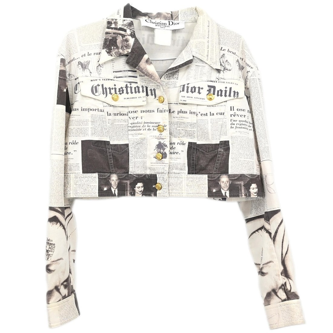 Dior White Newspaper Print Long Sleeve Jacket: Dior White Newspaper Print Long Sleeve Jacket This stylish Christian Dior jacket features a striking newspaper print design, perfect for making a fashion statement. The long-length coat is crafted fro