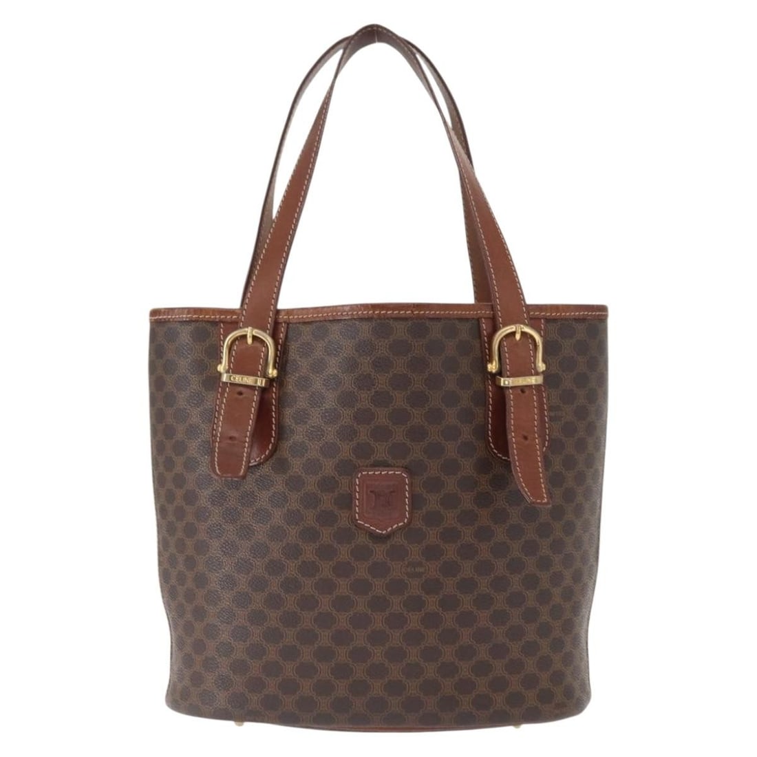 Vintage Celine Macadam Brown Tote Bag for Women: Vintage Celine Macadam Brown Tote Bag for Women This Celine vintage Macadam tote bag features a classic brown exterior with the iconic Macadam pattern. The bag is designed for female use and has a roo