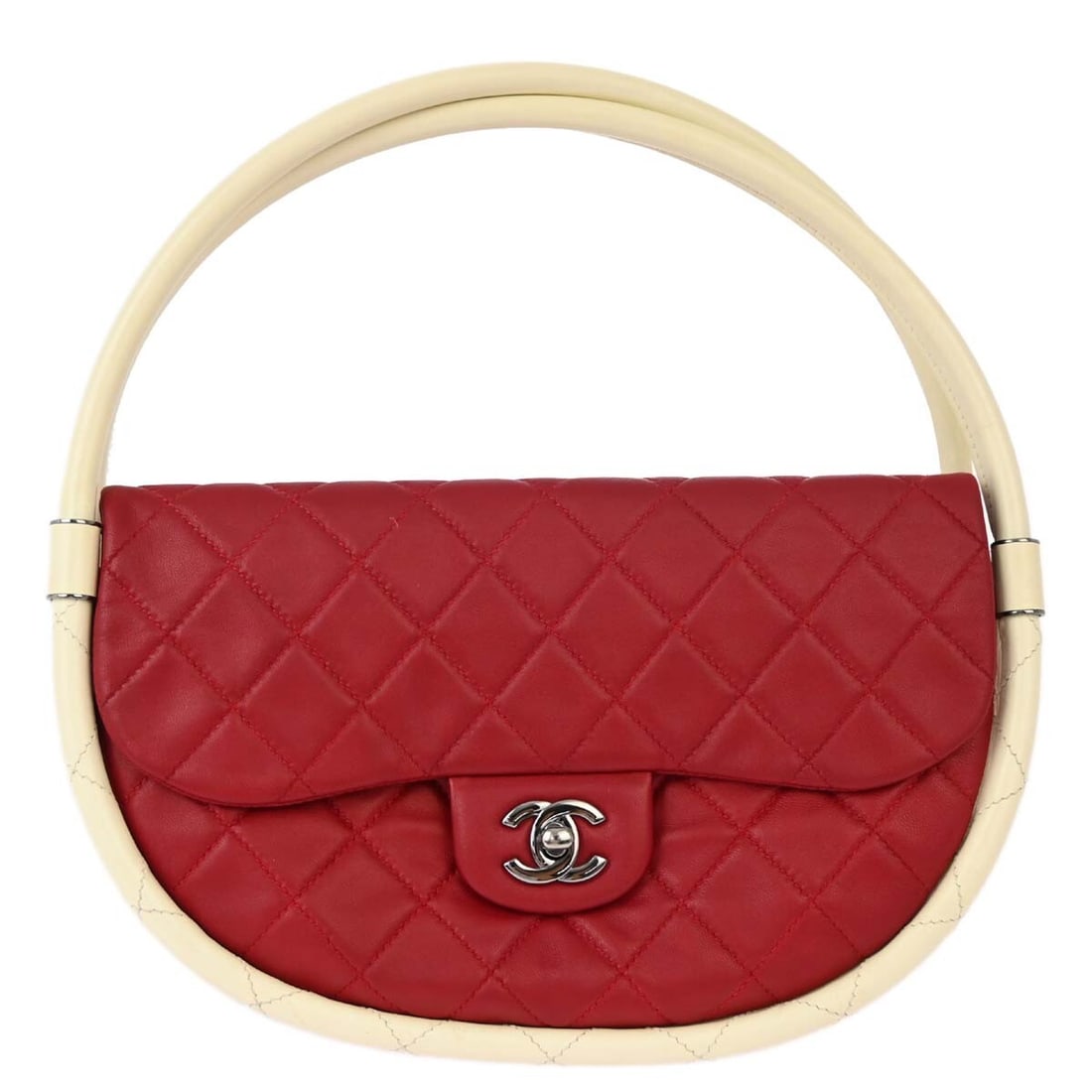 Red Chanel Hula Hoop Handbag with Top Handle: Red Chanel Hula Hoop Handbag with Top Handle This Chanel Hula Hoop Bag in red is a stylish handbag designed for women. The exterior is in good condition with some dirt on the handle, while the interio