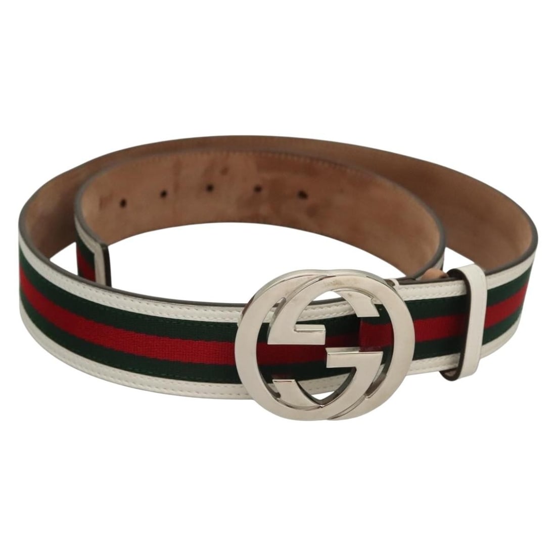 GUCCI Interlocking Web Sherry Line Green Leather Belt 43.3in Auth 114984: GUCCI Interlocking Web Sherry Line Green Leather Belt 43.3in Auth 114984 This authentic GUCCI Interlocking Web Sherry Line Belt is a stylish accessory crafted in Italy from high-quality leather. Featu