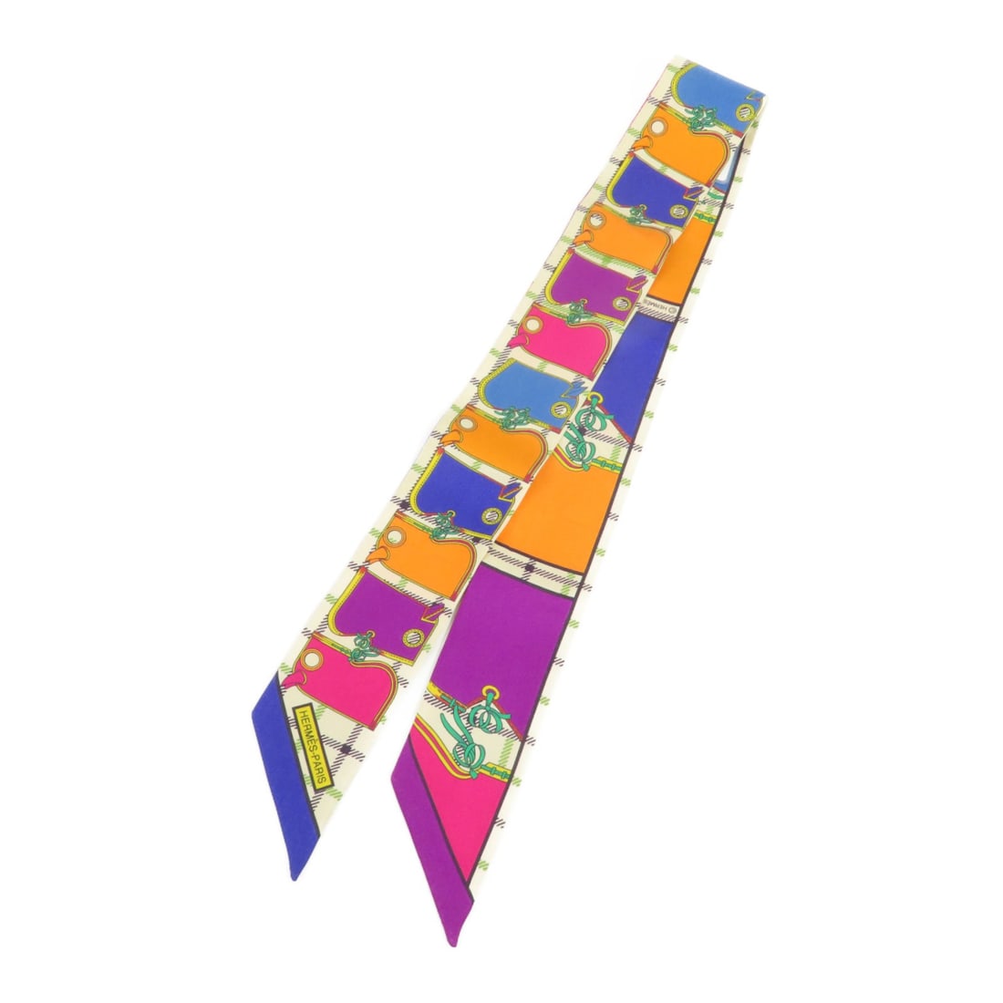 HERMES Multicolor Silk Twilly Scarf Made in France: HERMES Multicolor Silk Twilly Scarf Made in France This exquisite HERMES Twilly Scarf is crafted from luxurious silk, showcasing a vibrant multicolor design that adds a touch of elegance to any outfit