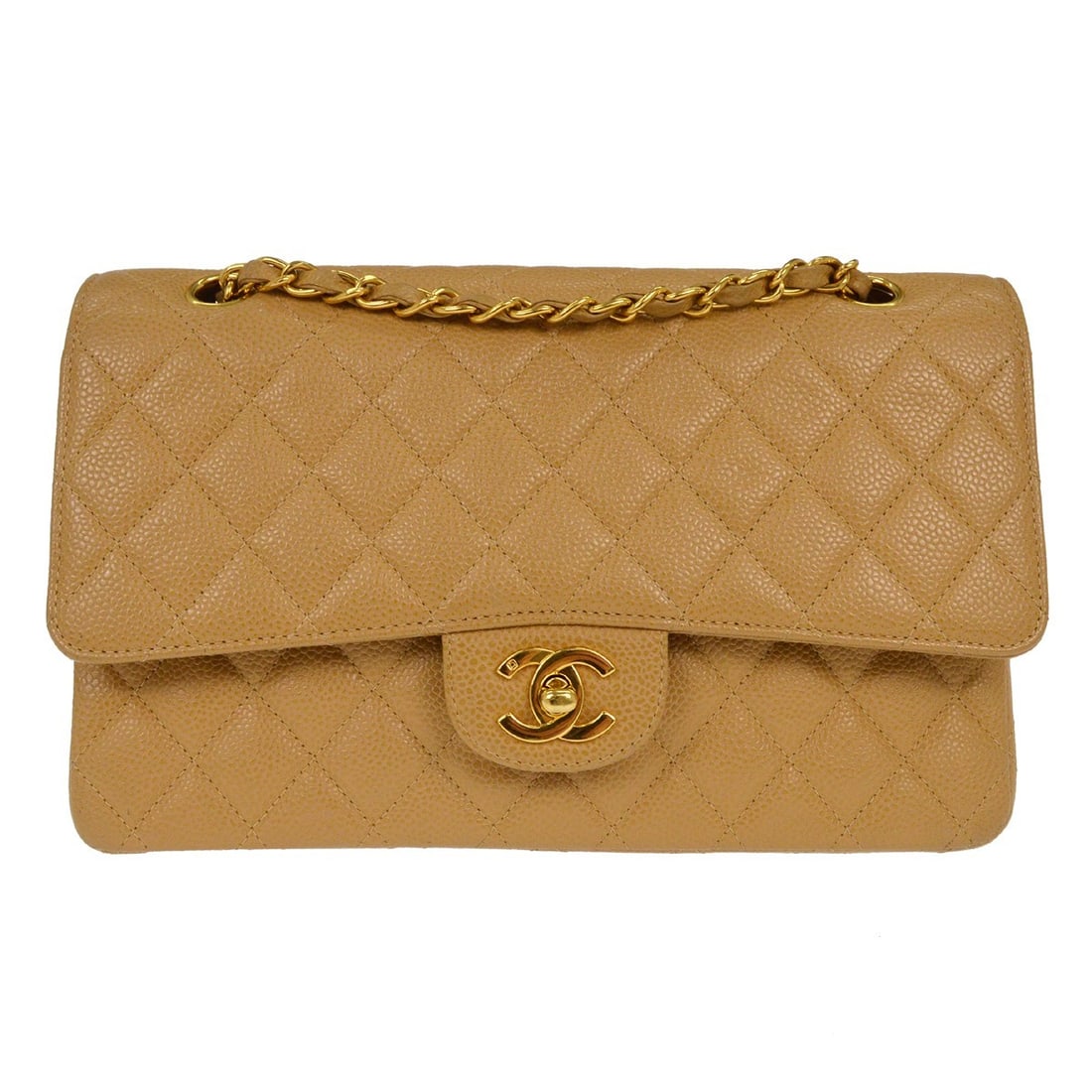 Beige Caviar Leather Medium Classic Double Flap Shoulder Bag by Chanel (1 of 11)