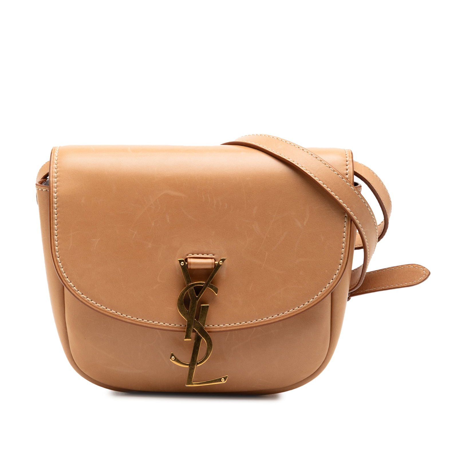 Saint Laurent Kaia Small Brown Leather Crossbody Bag with YSL Logo: Saint Laurent Kaia Small Brown Leather Crossbody Bag with YSL Logo This Saint Laurent Small Leather Kaia Crossbody features a brown leather body, an adjustable flat leather strap, a front flap with a
