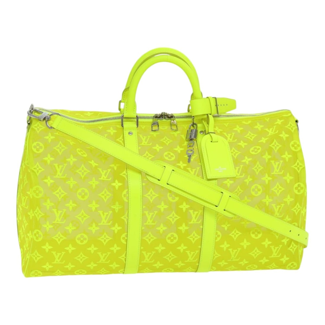 Yellow Keepall Bandouliere Travel Bag by Louis Vuitton: Yellow Keepall Bandouliere Travel Bag by Louis Vuitton This Louis Vuitton Keepall Bandouliere bag features a vibrant yellow exterior and offers ample space for travel or everyday use. The bag is in ex