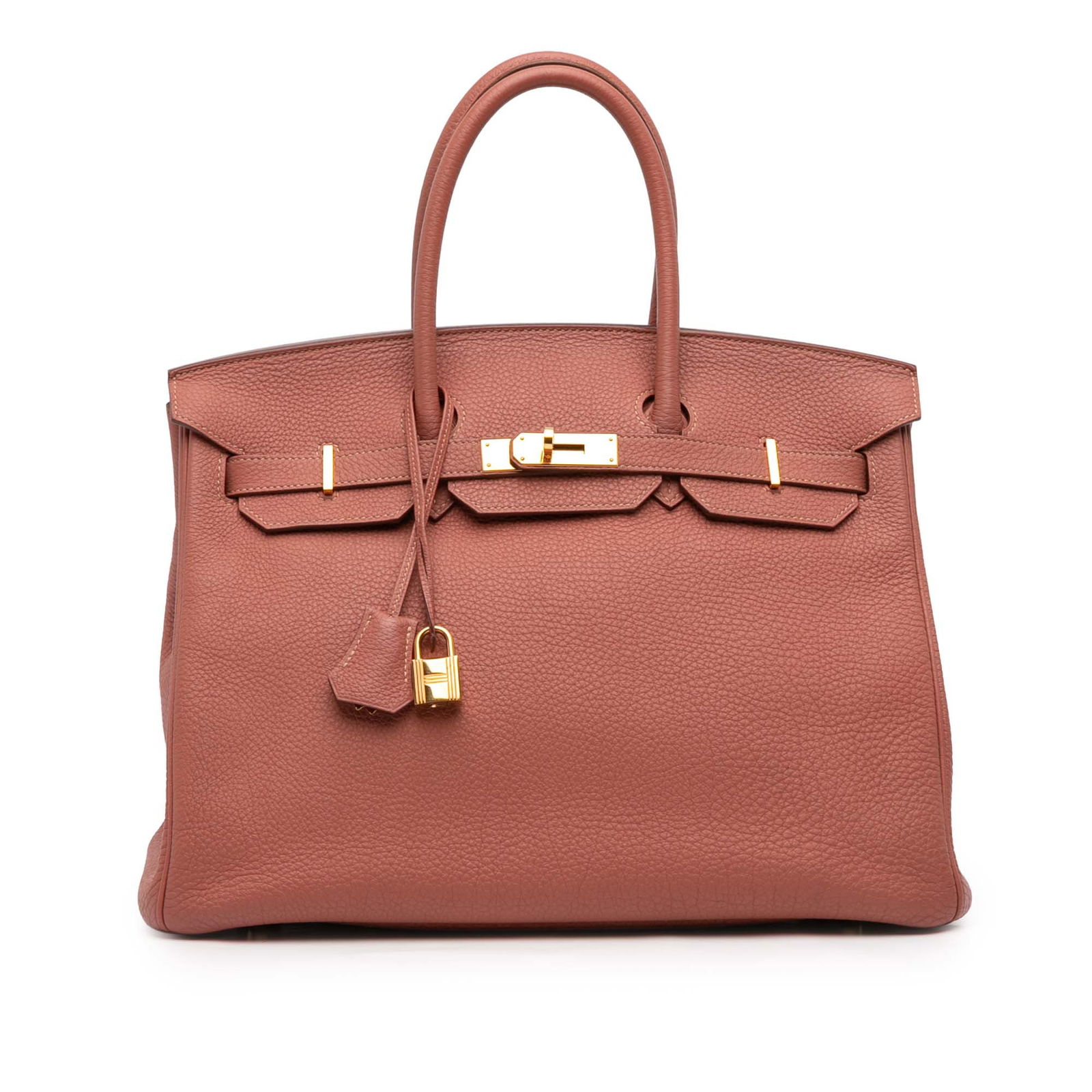 Rose Tea Togo Leather Hermes Birkin 35 Retourne Handbag: Rose Tea Togo Leather Hermes Birkin 35 Retourne Handbag The Hermes Togo Birkin Retourne 35 is crafted from Togo leather in the Rose Tea color. It features rolled leather handles, a front flap with a t