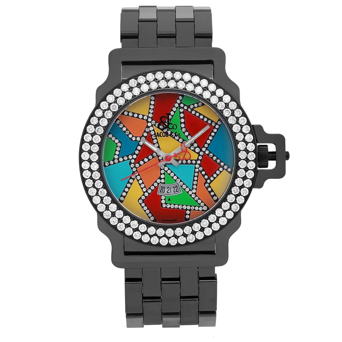 Jacob & Co Standard 38mm Quartz Multicolor Dial Luxury Watch JC-S18: Jacob & Co Standard 38mm Quartz Multicolor Dial Luxury Watch JC-S18 This Jacob & Co Standard wristwatch is a luxurious timepiece designed for both men and women. Featuring a striking multicolor dial w