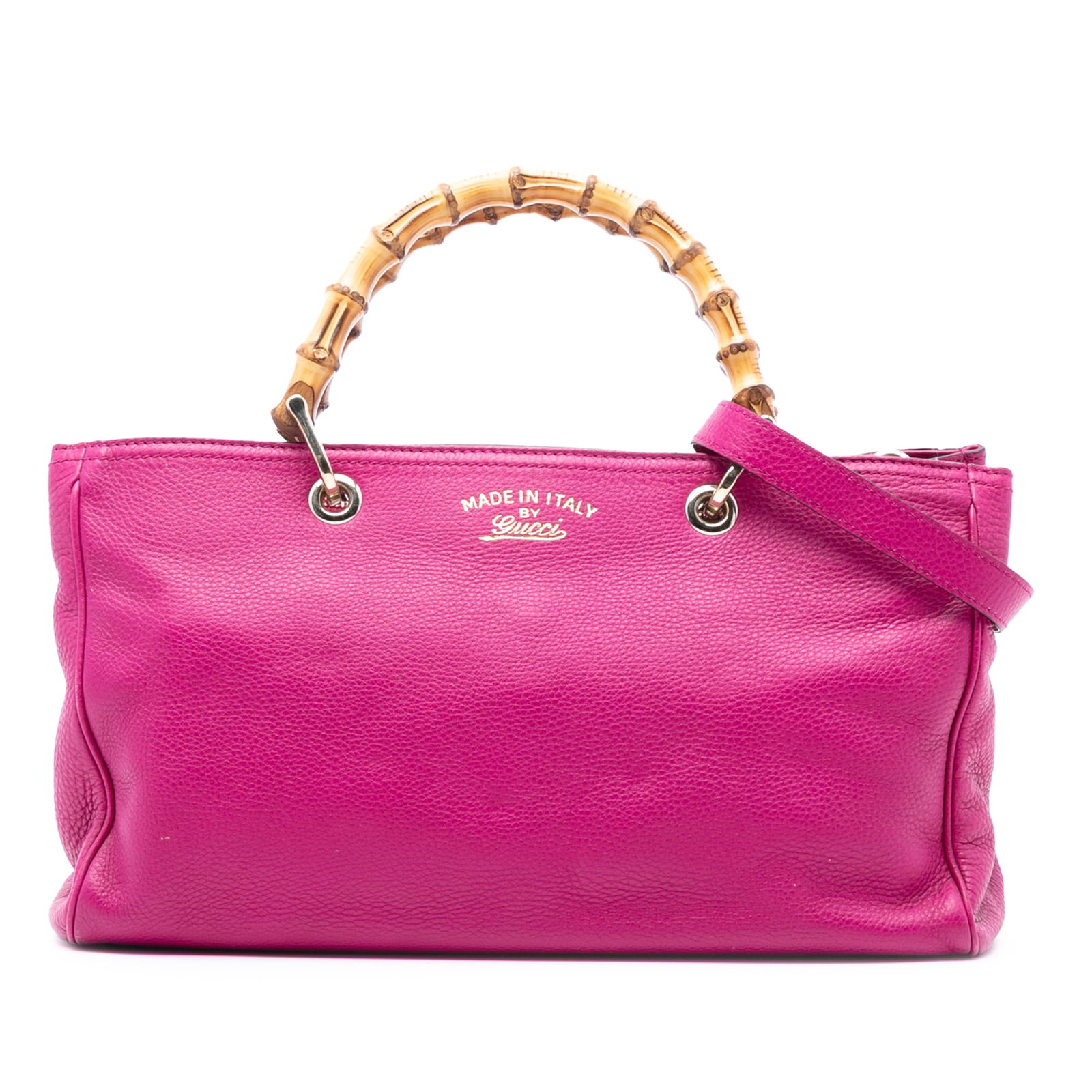 Gucci Medium Calfskin Bamboo Shopper Satchel Pink Leather: Gucci Medium Calfskin Bamboo Shopper Satchel Pink Leather Introducing the Gucci Medium Calfskin Bamboo Shopper Satchel, a stylish and functional accessory crafted from high-quality leather. This satch