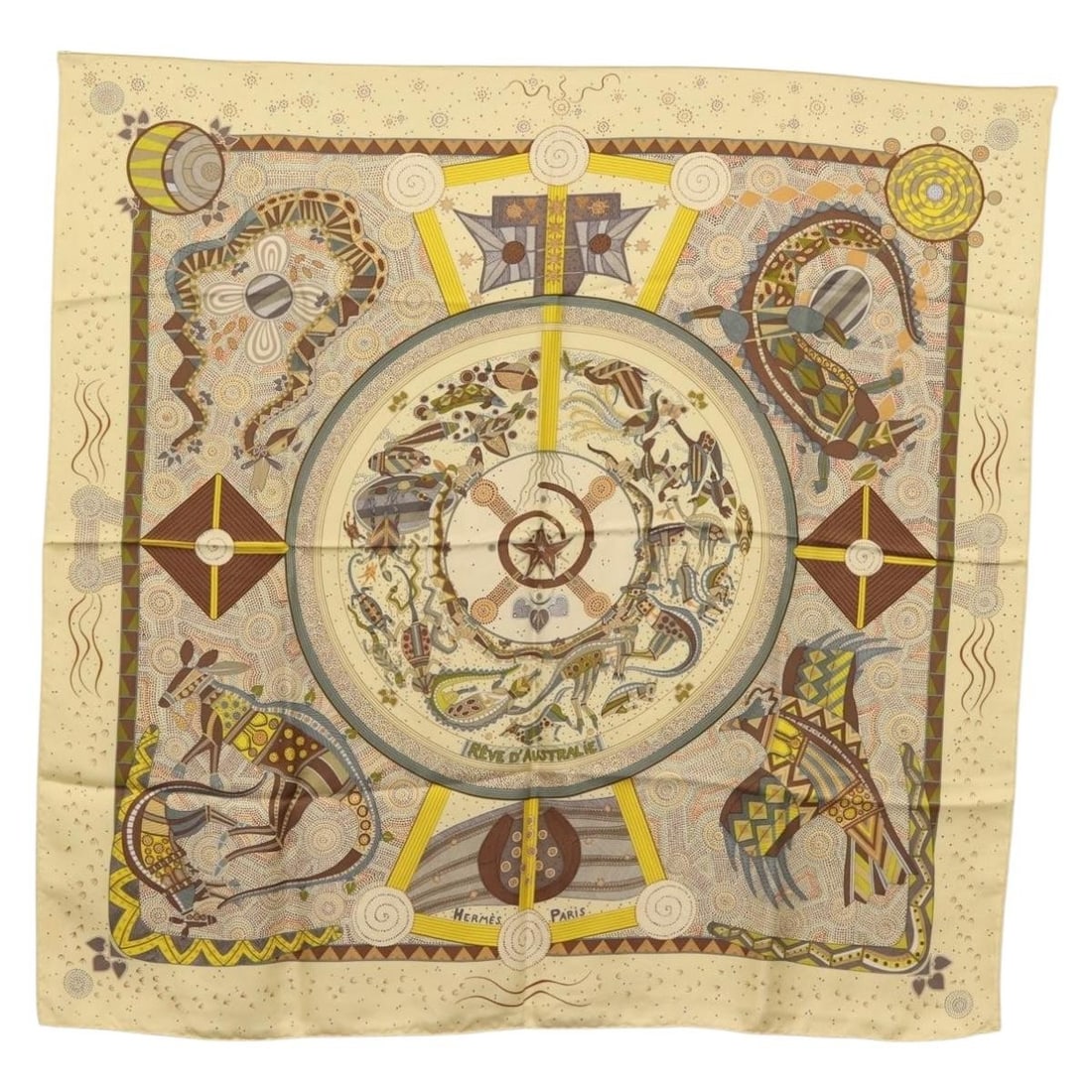 HERMES Carre 90 Scarf REVE D'AUSTRALIE Yellow Silk France (1 of 14)
