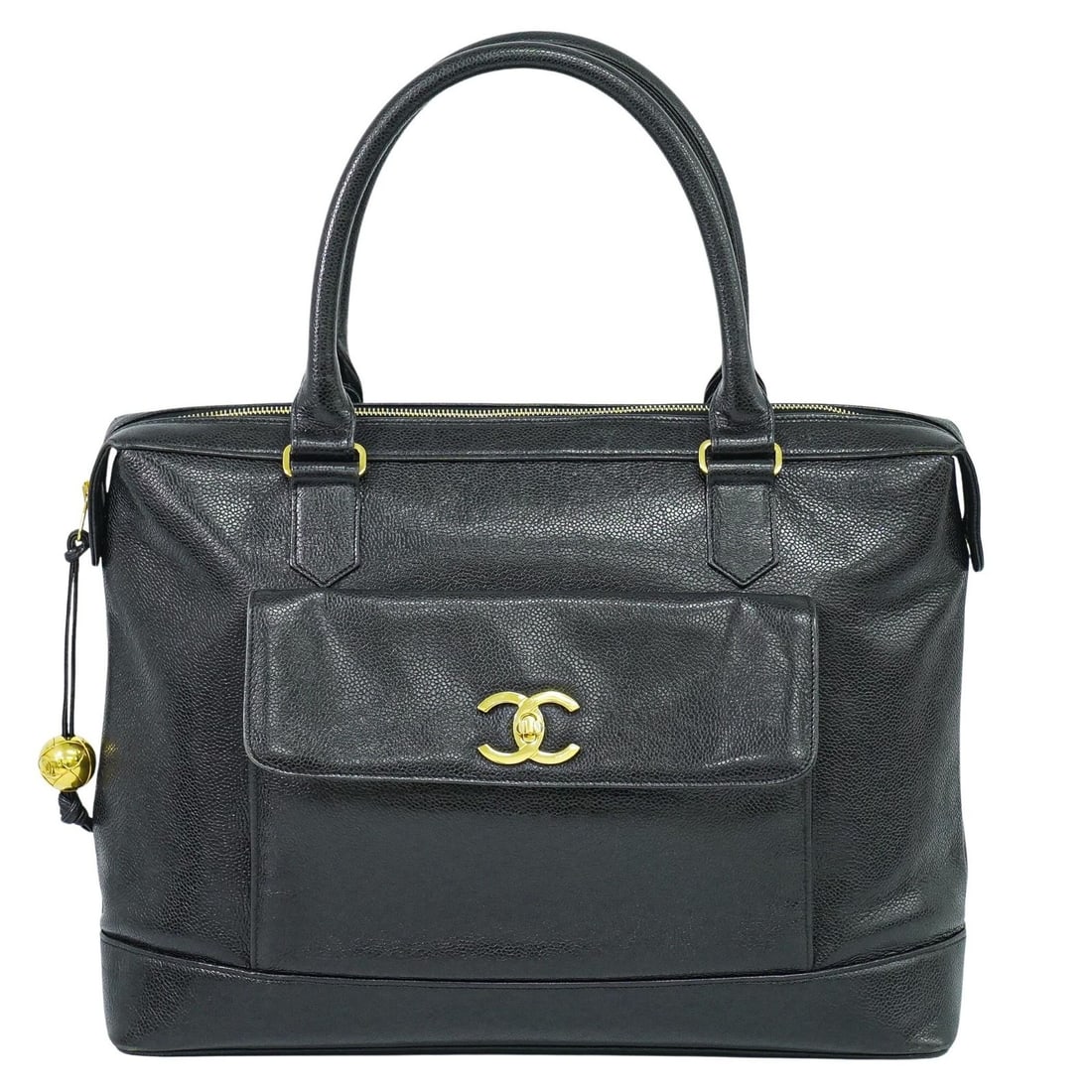 Chanel Vintage Black Tote Bag with Front Pocket: Chanel Vintage Black Tote Bag with Front Pocket This pre-owned Chanel vintage front pocket tote is crafted in black and designed for female use. It features a spacious interior with a front pocket, sh