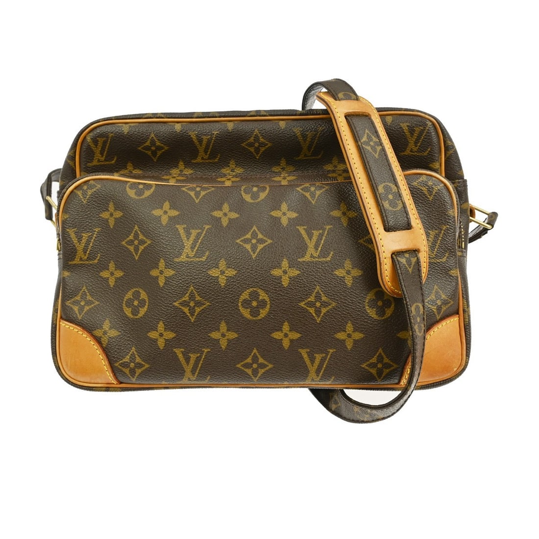 Monogram Nile Shoulder Bag by Louis Vuitton with Brown Canvas: Monogram Nile Shoulder Bag by Louis Vuitton with Brown Canvas This pre-owned Louis Vuitton Monogram Nile shoulder bag features the iconic monogram canvas and leather trim. It shows signs of previous u