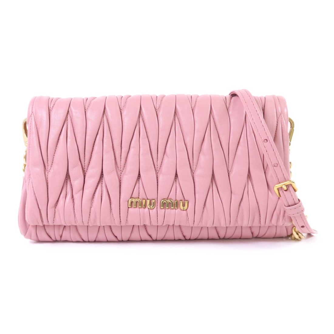 Miu Miu Pink Lambskin Leather Shoulder Bag with Gold Chain Hardware: Miu Miu Pink Lambskin Leather Shoulder Bag with Gold Chain Hardware This Miu Miu shoulder bag features a soft lambskin leather exterior in a pink hue, designed with a chain strap and compact silhouett