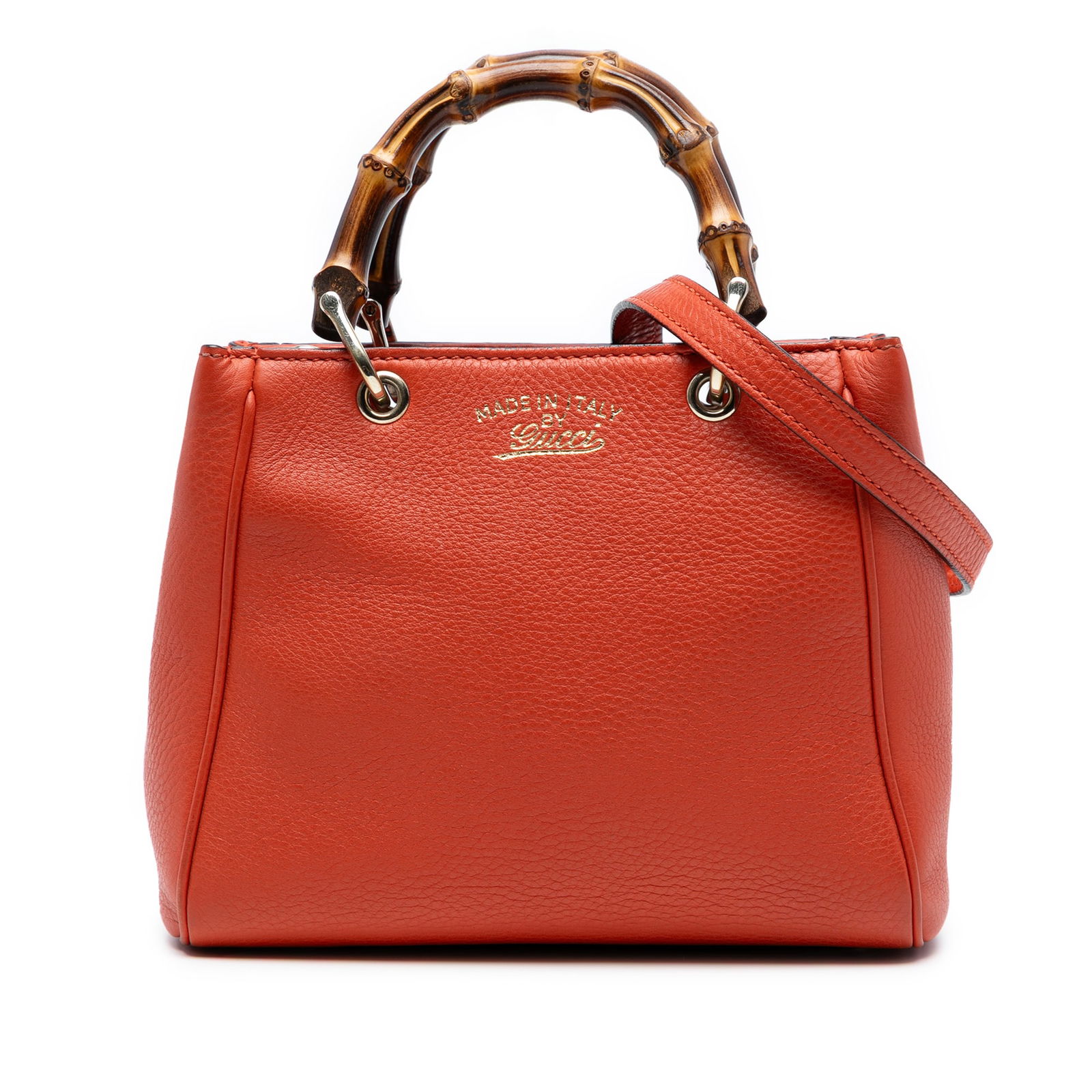 Gucci Mini Calfskin Bamboo Shopper Satchel Orange Leather: Gucci Mini Calfskin Bamboo Shopper Satchel Orange Leather This Gucci Mini Calfskin Bamboo Shopper Satchel is a stylish accessory crafted from fine leather. The satchel features elegant bamboo top hand