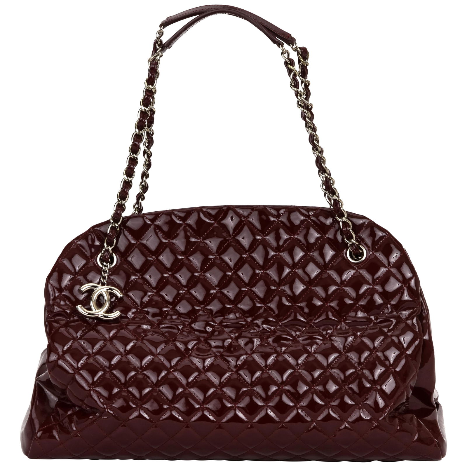 Chanel XXL Burgundy Patent Mademoiselle Bag 2011 with Silver Tone Hardware: Chanel XXL Burgundy Patent Mademoiselle Bag 2011 with Silver Tone Hardware Elevate your style with this Chanel XXL Burgundy Patent Mademoiselle bag, a luxurious accessory that combines functionality w