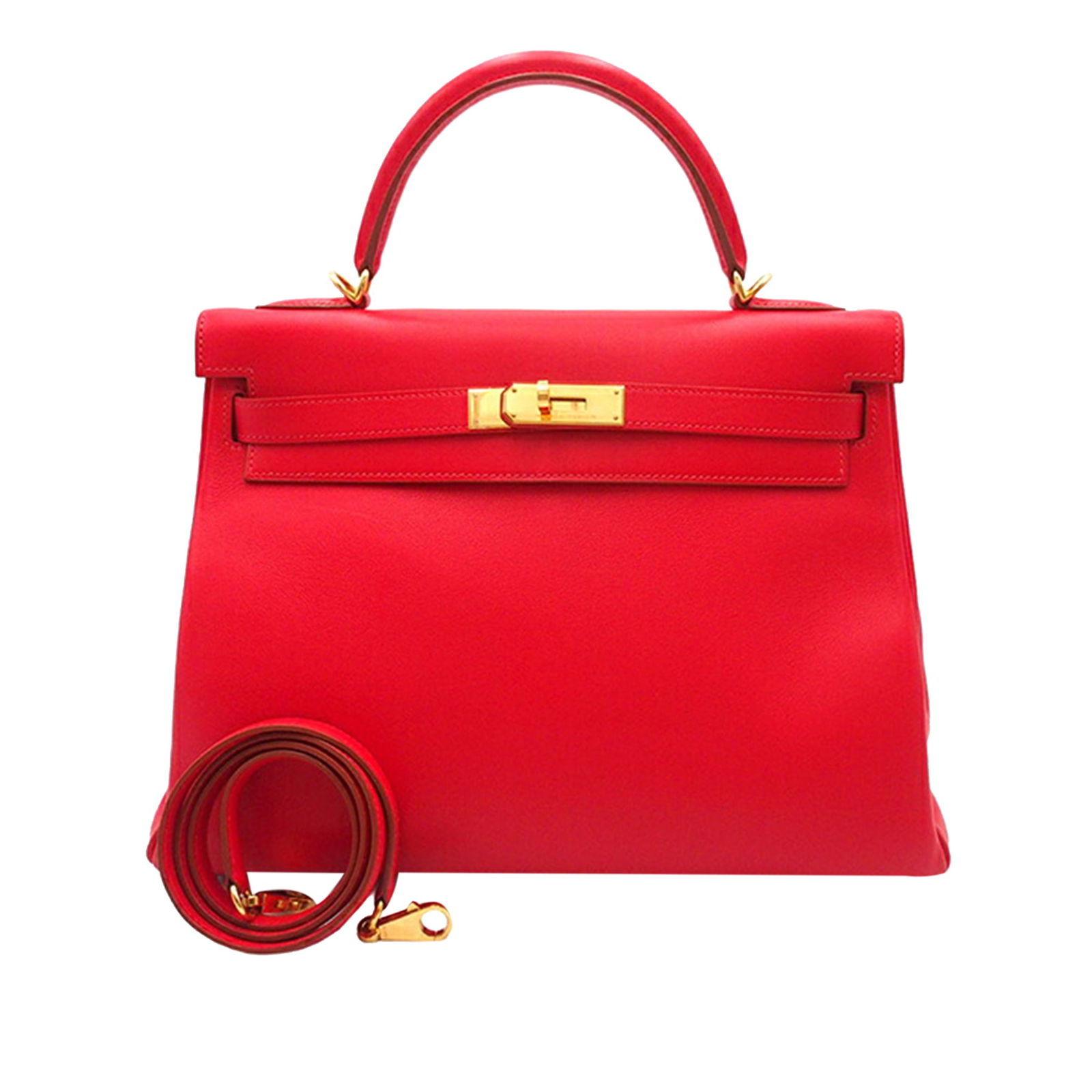 Hermes Gulliver Kelly II Retourne 32 Red Leather Handbag: Hermes Gulliver Kelly II Retourne 32 Red Leather Handbag Introducing the Hermes Gulliver Kelly II Retourne 32, a luxurious handbag crafted from premium Gulliver leather in a striking Rouge Vif color.