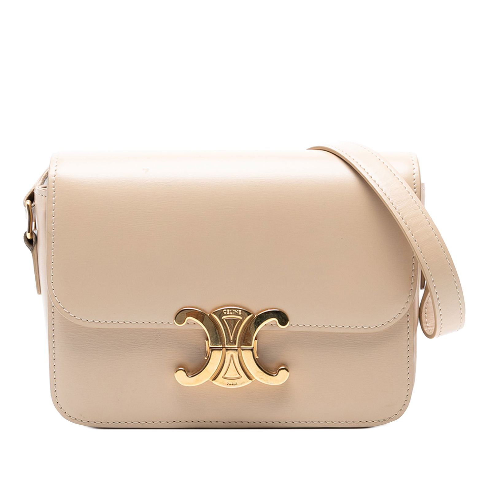 Celine Teen Triomphe Brown Leather Crossbody Bag: Celine Teen Triomphe Brown Leather Crossbody Bag Introducing the Celine Teen Shiny Calfskin Triomphe Crossbody, a chic accessory that combines elegance with functionality. Crafted from premium leather