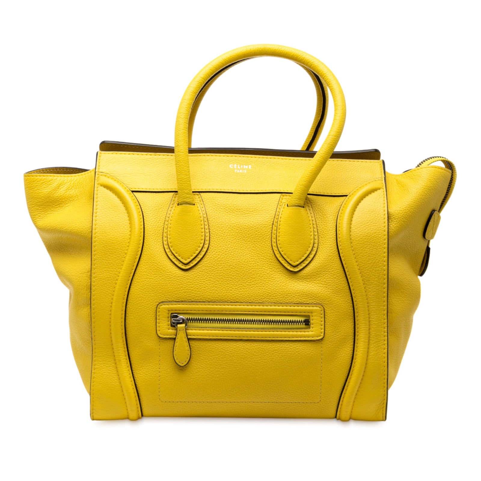 Celine Mini Calfskin Luggage Tote Yellow Leather Handbag: Celine Mini Calfskin Luggage Tote Yellow Leather Handbag This Celine Mini Calfskin Luggage Tote is a stylish handbag crafted from premium leather. It features a structured silhouette with rolled leath