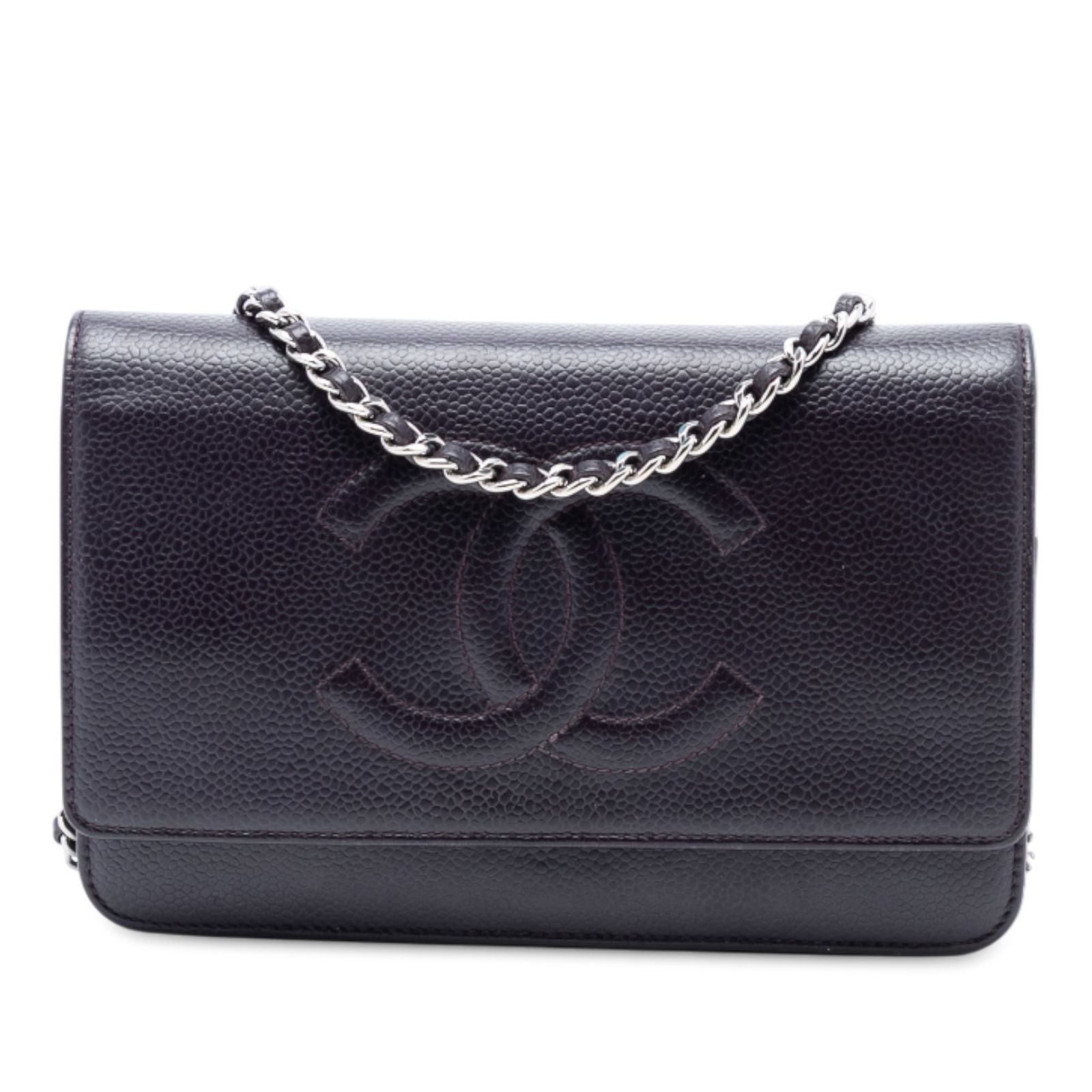 Chanel Caviar Leather Wallet On Chain Bag with CC Logo: Chanel Caviar Leather Wallet On Chain Bag with CC Logo This Chanel CC Caviar Wallet On Chain showcases a purple caviar leather body with a leather-woven chain strap and a front flap secured by a snap