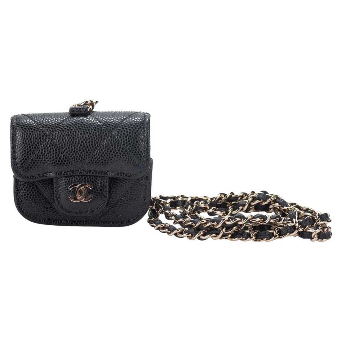 Chanel Black Caviar Air Pods Case Necklace Crossbody 31 Collection: Chanel Black Caviar Air Pods Case Necklace Crossbody 31 Collection This exquisite Chanel Air Pods case is crafted from luxurious black caviar leather, featuring a classic quilted design. It is perfect