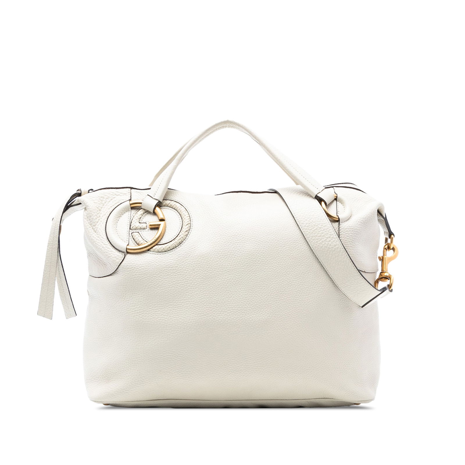 White Gucci Twill Satchel in Pebbled Leather with Detachable Strap: White Gucci Twill Satchel in Pebbled Leather with Detachable Strap This Gucci Twill satchel features a pebbled leather body in white, complemented by a flat top handle and a detachable flat strap. It