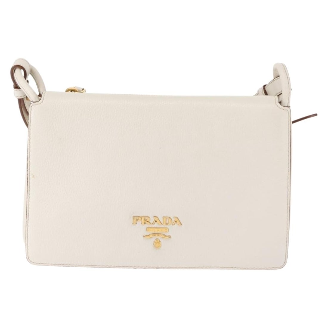 White Prada Shoulder Bag with Flap Design: White Prada Shoulder Bag with Flap Design This pre-owned Prada flap crossbody bag in white features a classic shoulder bag design. It shows slight rubbing and stains on the surface and shoulder strap,