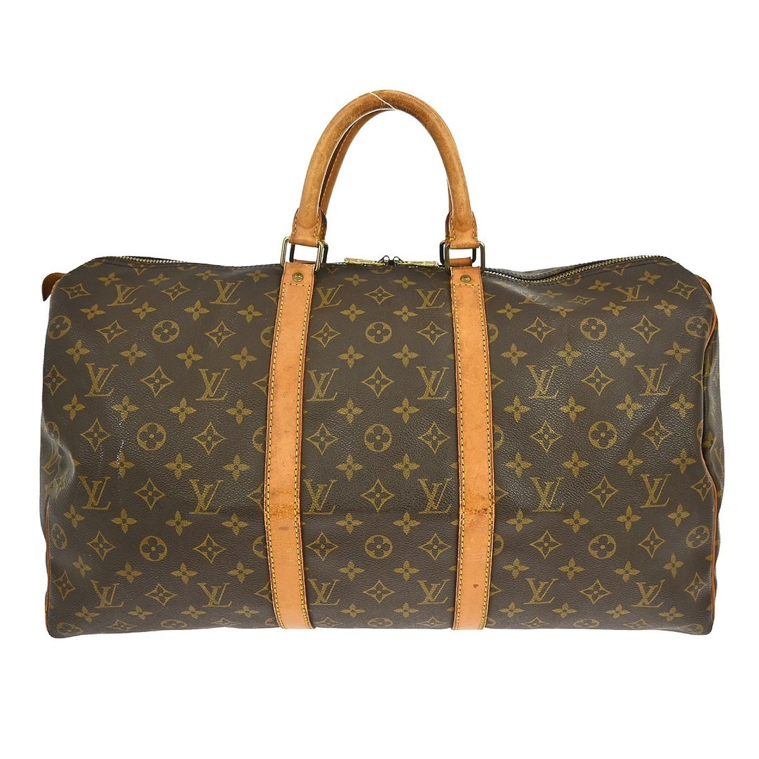 Keepall 50 Monogram Canvas Travel Handbag by Louis Vuitton: Keepall 50 Monogram Canvas Travel Handbag by Louis Vuitton This pre-owned Louis Vuitton Keepall 50 travel bag features the signature monogram canvas and natural leather trim. It shows noticeable signs