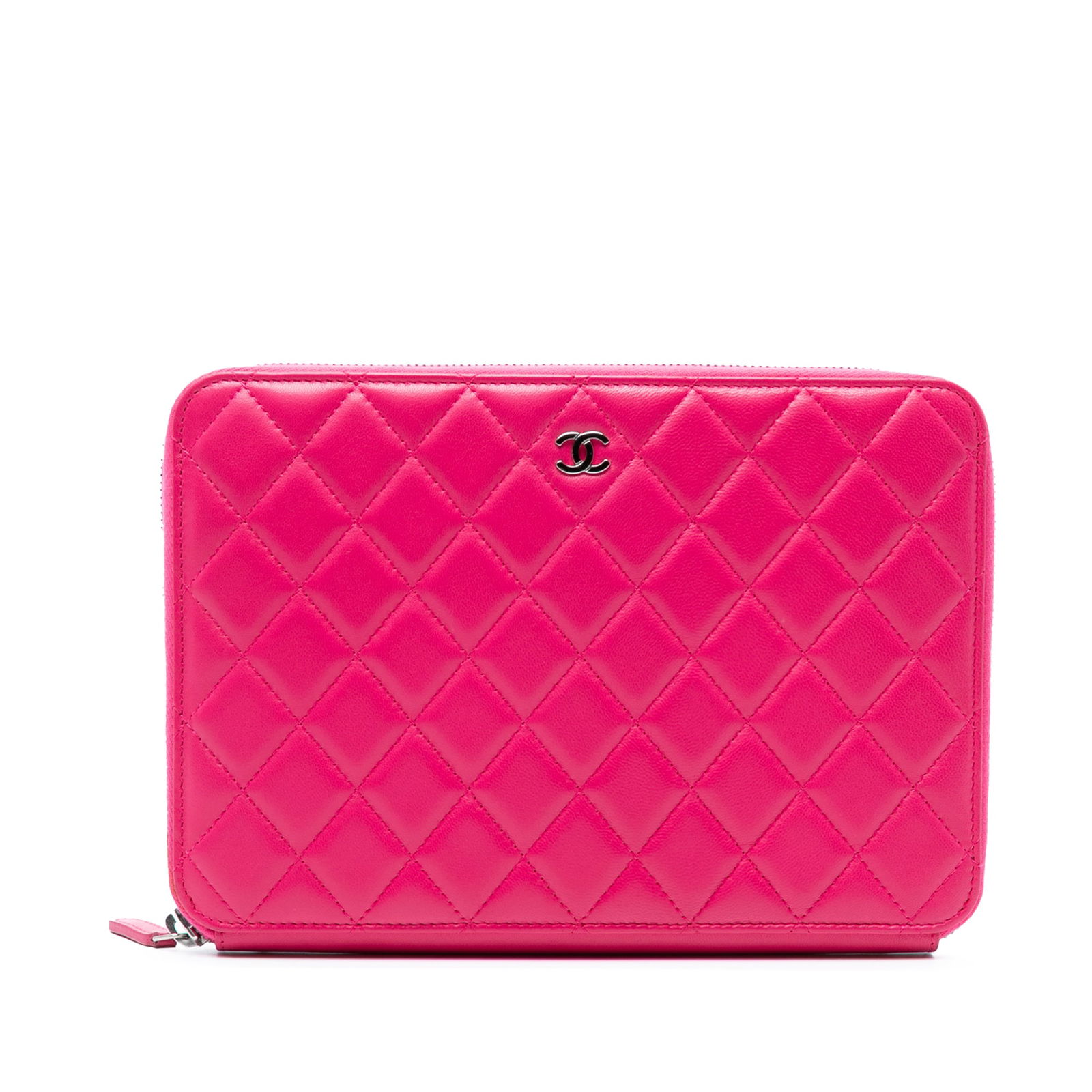 Chanel Pink Large Quilted Lambskin Zip Around Organizer Clutch: Chanel Pink Large Quilted Lambskin Zip Around Organizer Clutch This Chanel Large Quilted Lambskin Zip Around Organizer Clutch combines luxury and functionality, featuring a beautiful quilted lambskin