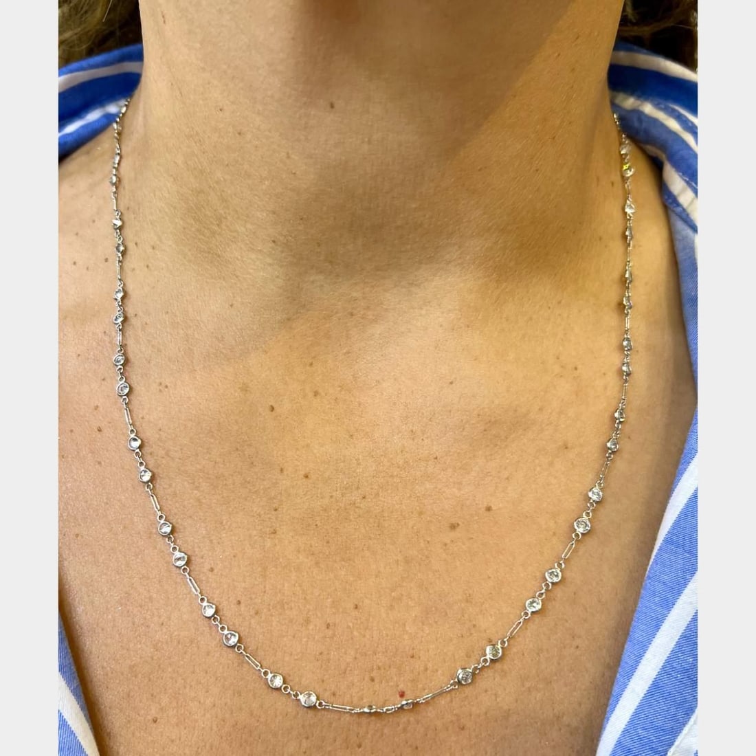 Platinum 4.25 Ct Diamond Necklace 52 European-Cut H-I VS1-SI3: Platinum 4.25 Ct Diamond Necklace 52 European-Cut H-I VS1-SI3 This exquisite Platinum Diamond by the Yard Necklace features a stunning arrangement of 52 European-cut diamonds totaling approximately 4.