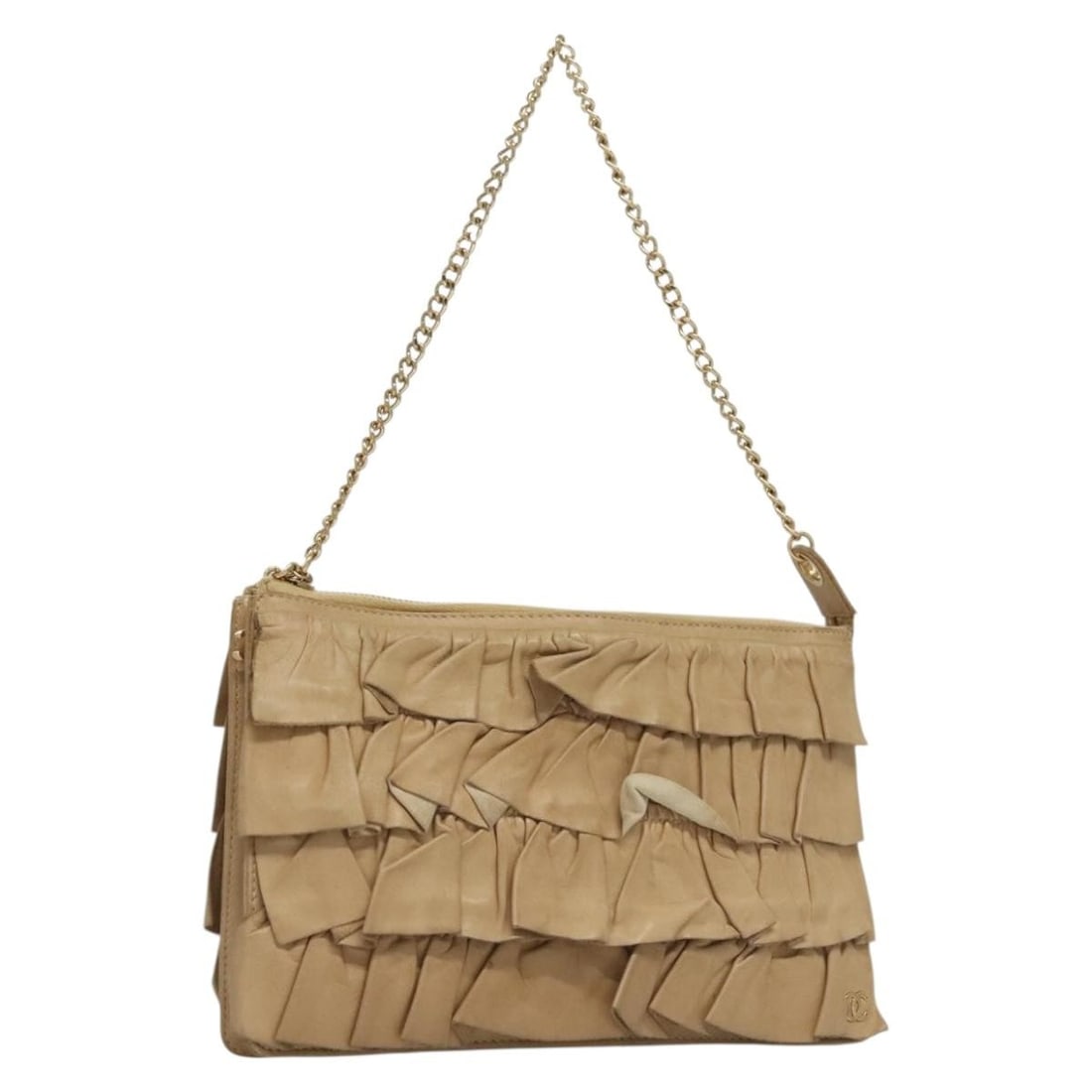 Beige Chanel Ruffle Chain Pochette Clutch Purse: Beige Chanel Ruffle Chain Pochette Clutch Purse This Chanel Ruffle Chain Pochette in beige features a feminine design with ruffled detailing and a chain handle. The exterior shows signs of rubbing, st