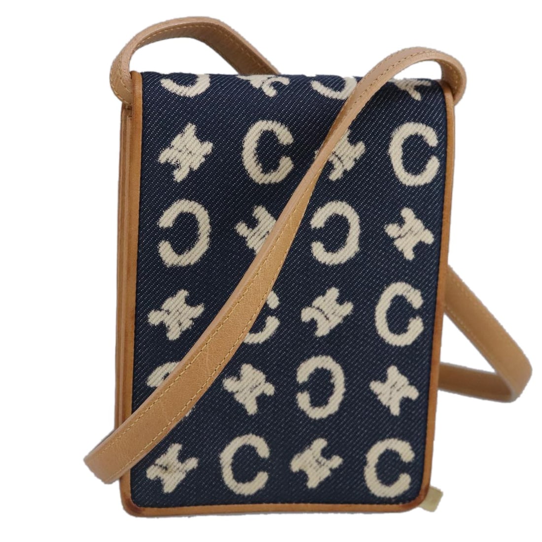 Macadam Pattern Shoulder Bag in Blue by Celine Vintage: Macadam Pattern Shoulder Bag in Blue by Celine Vintage This Celine vintage Macadam shoulder bag features a blue exterior with slight rubbing on the surface and shoulder strap, which also shows some lo