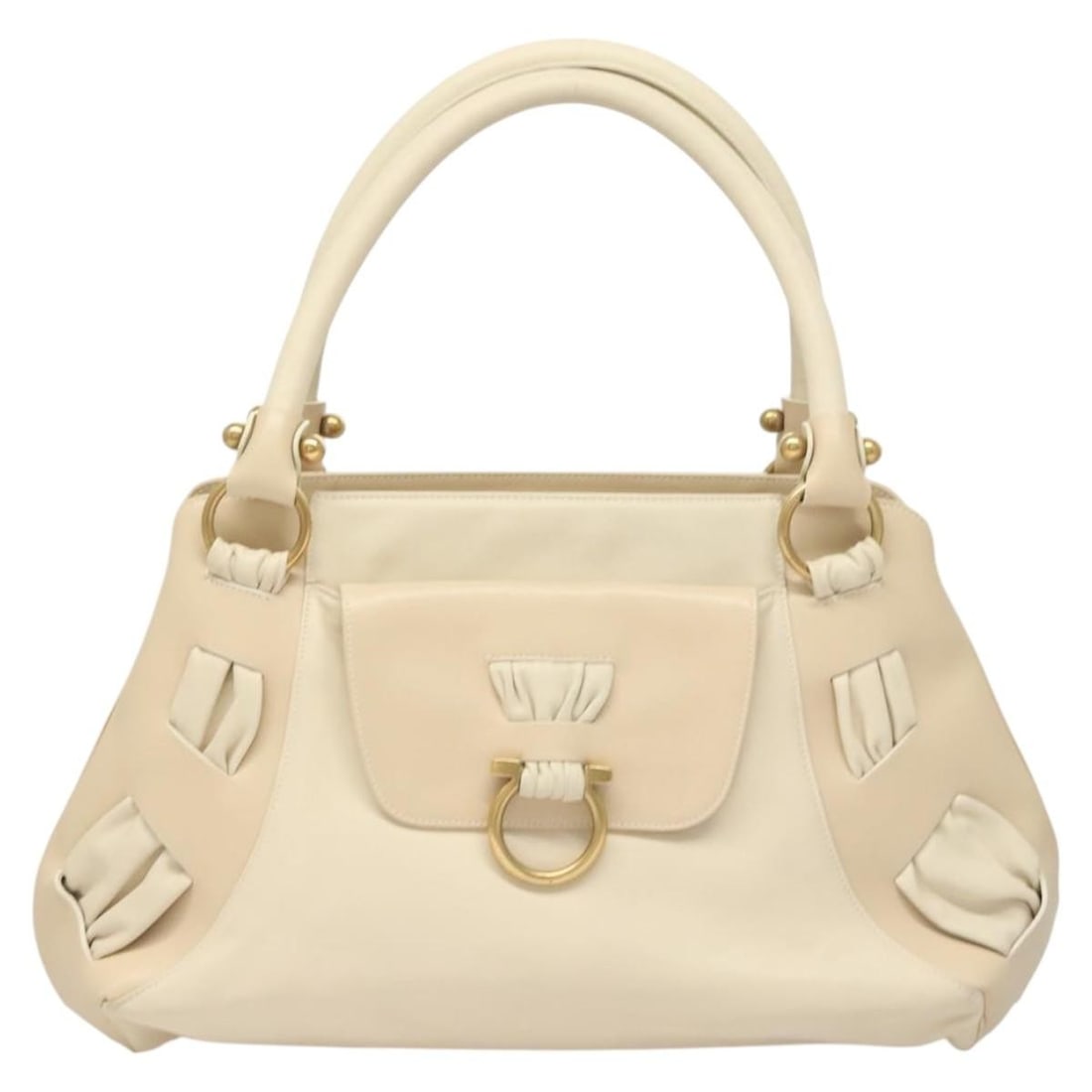 Beige Gancini Shoulder Bag by Salvatore Ferragamo: Beige Gancini Shoulder Bag by Salvatore Ferragamo This Salvatore Ferragamo Gancini shoulder bag in beige features a classic design tailored for women. The bag shows slight rubbing on the outside surfa