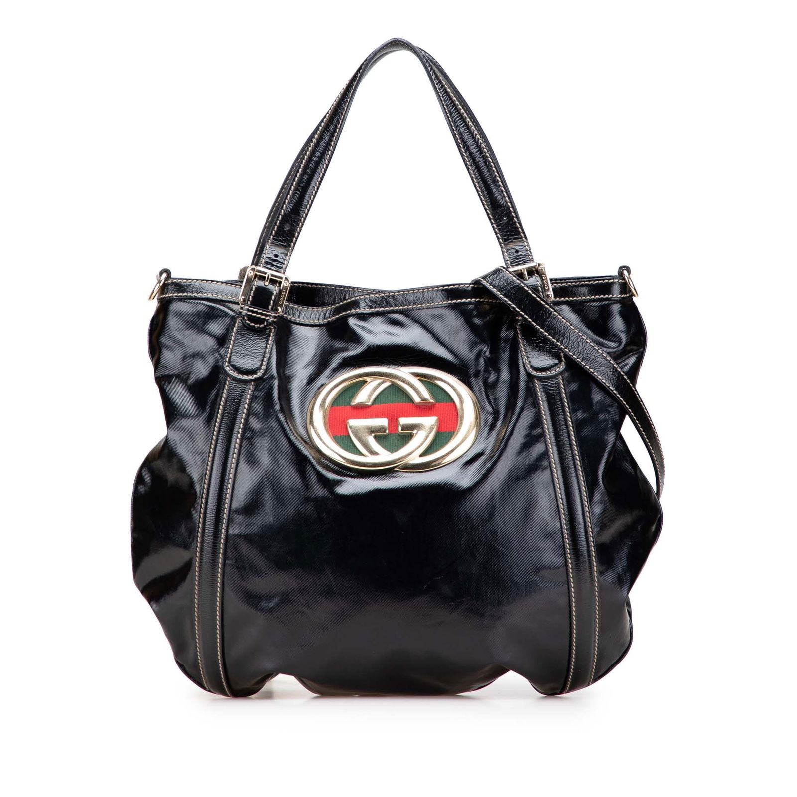 Gucci Medium Patent Web Britt Satchel Black Leather Bag: Gucci Medium Patent Web Britt Satchel Black Leather Bag The Gucci Medium Patent Web Britt Satchel is a stylish and practical accessory, crafted from high-quality patent leather. It features flat leath