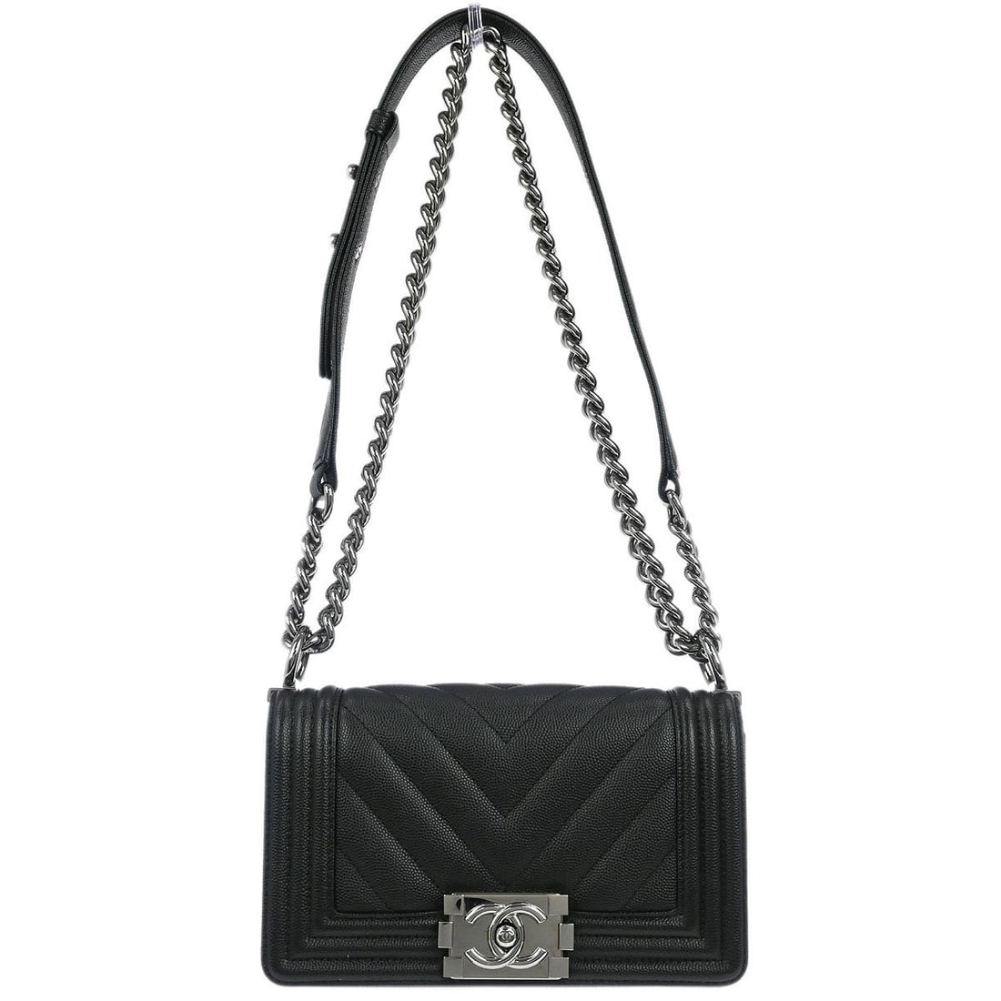 Chanel Boy Black Calfskin Chevron Mini Shoulder Bag: Chanel Boy Black Calfskin Chevron Mini Shoulder Bag Introducing the Boy Chanel Black Calfskin Chevron Small Chain Shoulder Bag, a stunning accessory crafted for elegance and functionality. This mini s