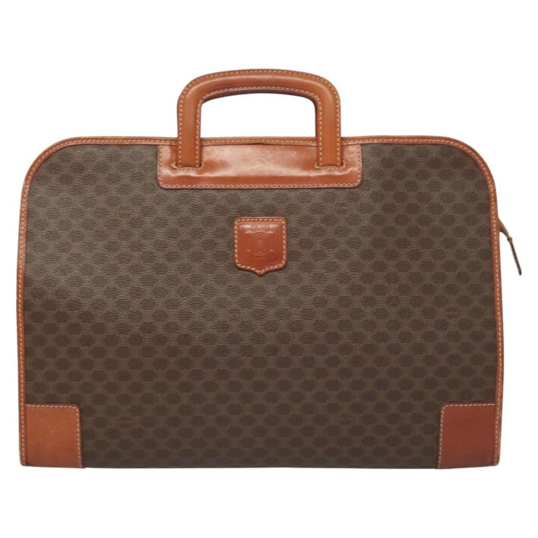 Macadam Pattern Brown Briefcase Bag by Celine: Macadam Pattern Brown Briefcase Bag by Celine This Celine Macadam briefcase features a brown exterior with the signature Macadam pattern and leather accents. The bag is designed for female use and off