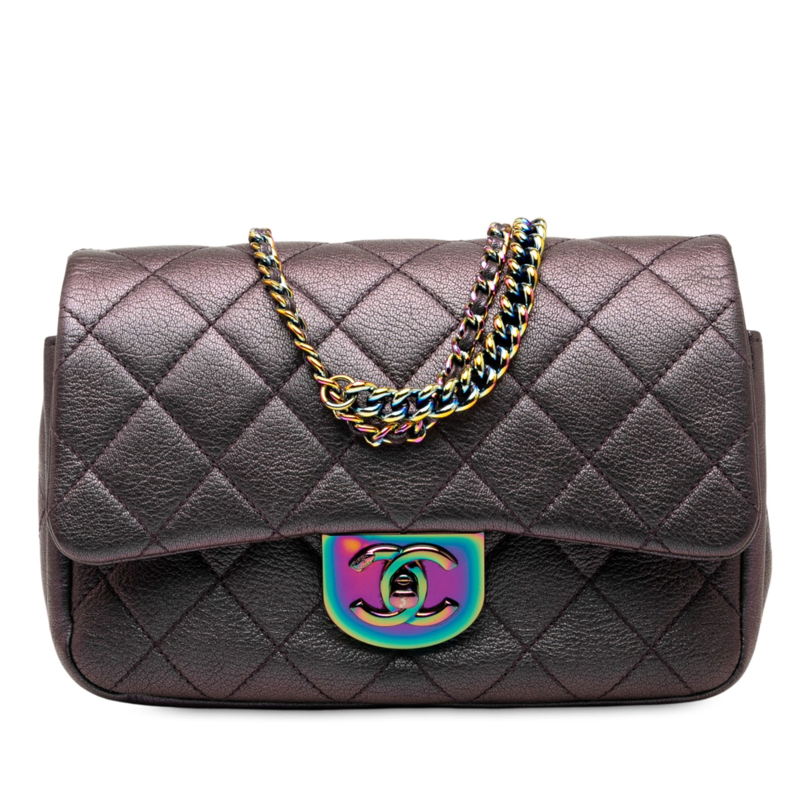 Chanel Small Iridescent Goatskin Double Carry Waist Chain Flap: Chanel Small Iridescent Goatskin Double Carry Waist Chain Flap This Chanel Small Iridescent Goatskin Rainbow Hardware Double Carry Waist Chain Flap is a stylish satchel crafted from premium goatskin l