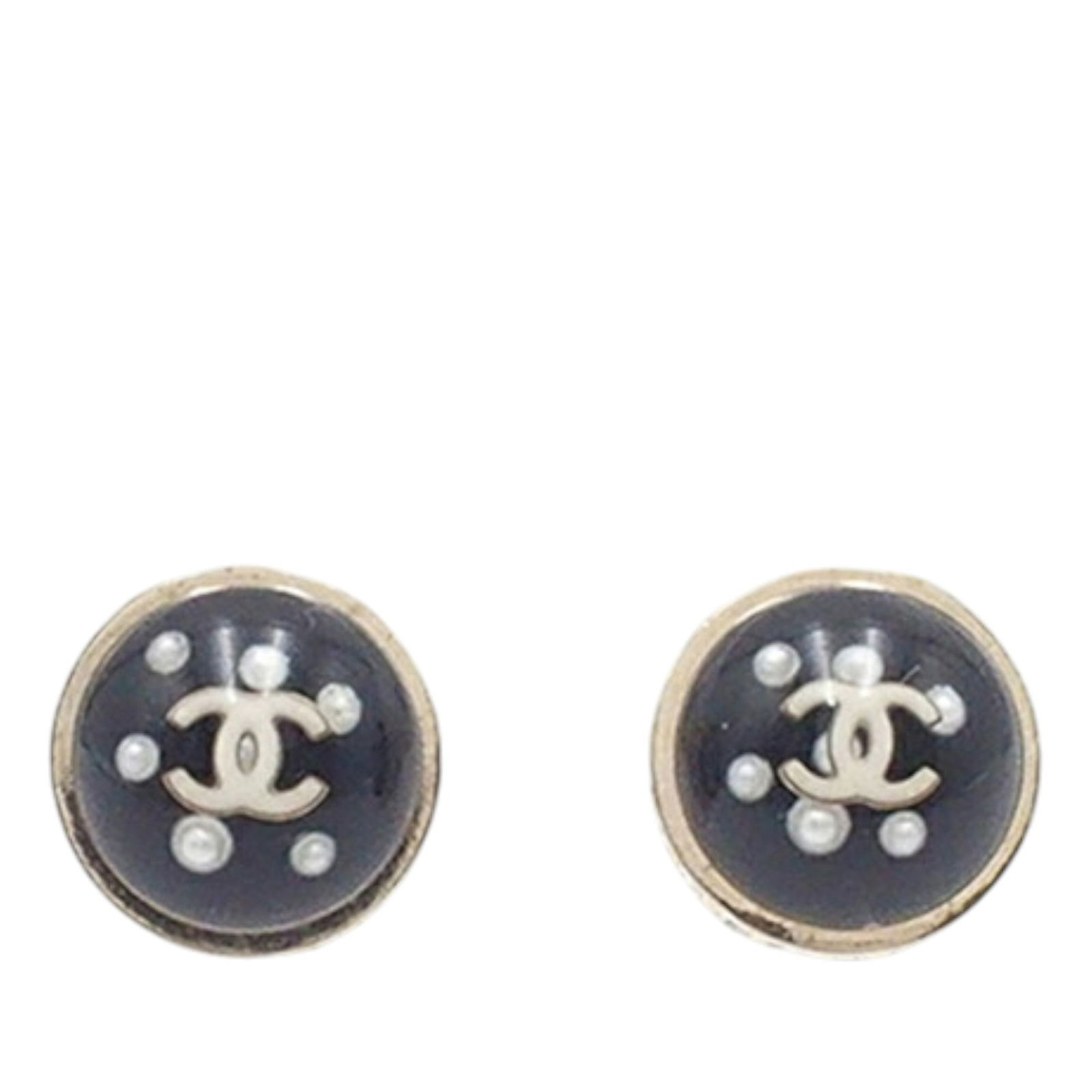 Chanel Gold Plated CC Dome Earrings with Faux Pearls and Crystals: Chanel Gold Plated CC Dome Earrings with Faux Pearls and Crystals Elevate your accessory game with these stunning Chanel Gold Plated CC Resin Faux Pearl Crystal Dome Bullet Back Earrings. These earrin