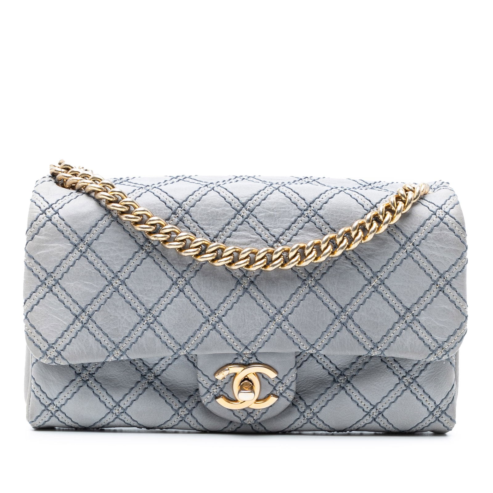 Chanel Medium Quilted Calfskin Triple Stitched Flap Bag Blue: Chanel Medium Quilted Calfskin Triple Stitched Flap Bag Blue This Chanel Medium Quilted Calfskin Triple Stitched Flap crossbody bag combines elegance with functionality. Crafted from luxurious quilted