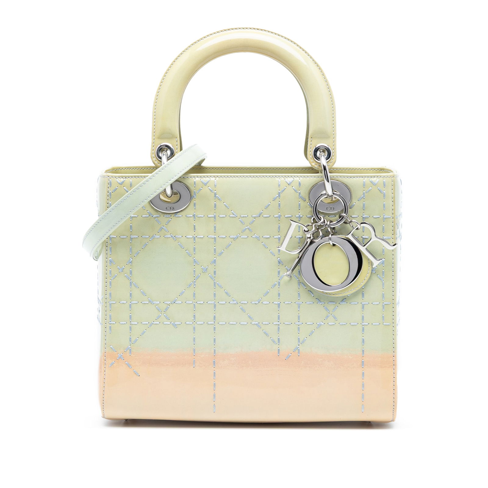 Dior Medium Ombre Patent Cannage Green Lady Dior Bag: Dior Medium Ombre Patent Cannage Green Lady Dior Bag The Medium Ombre Patent Cannage Lady Dior is a stunning handbag that showcases a quilted patent leather body in a sophisticated green hue. This ele