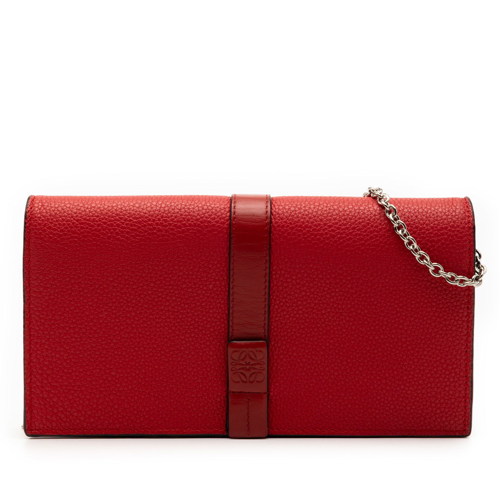 Red Leather Chain Strap Wallet by Loewe with Pebbled Finish: Red Leather Chain Strap Wallet by Loewe with Pebbled Finish This LOEWE wallet on chain is crafted from pebbled calfskin leather in red and features a chain-link strap, a front flap with snap closure,