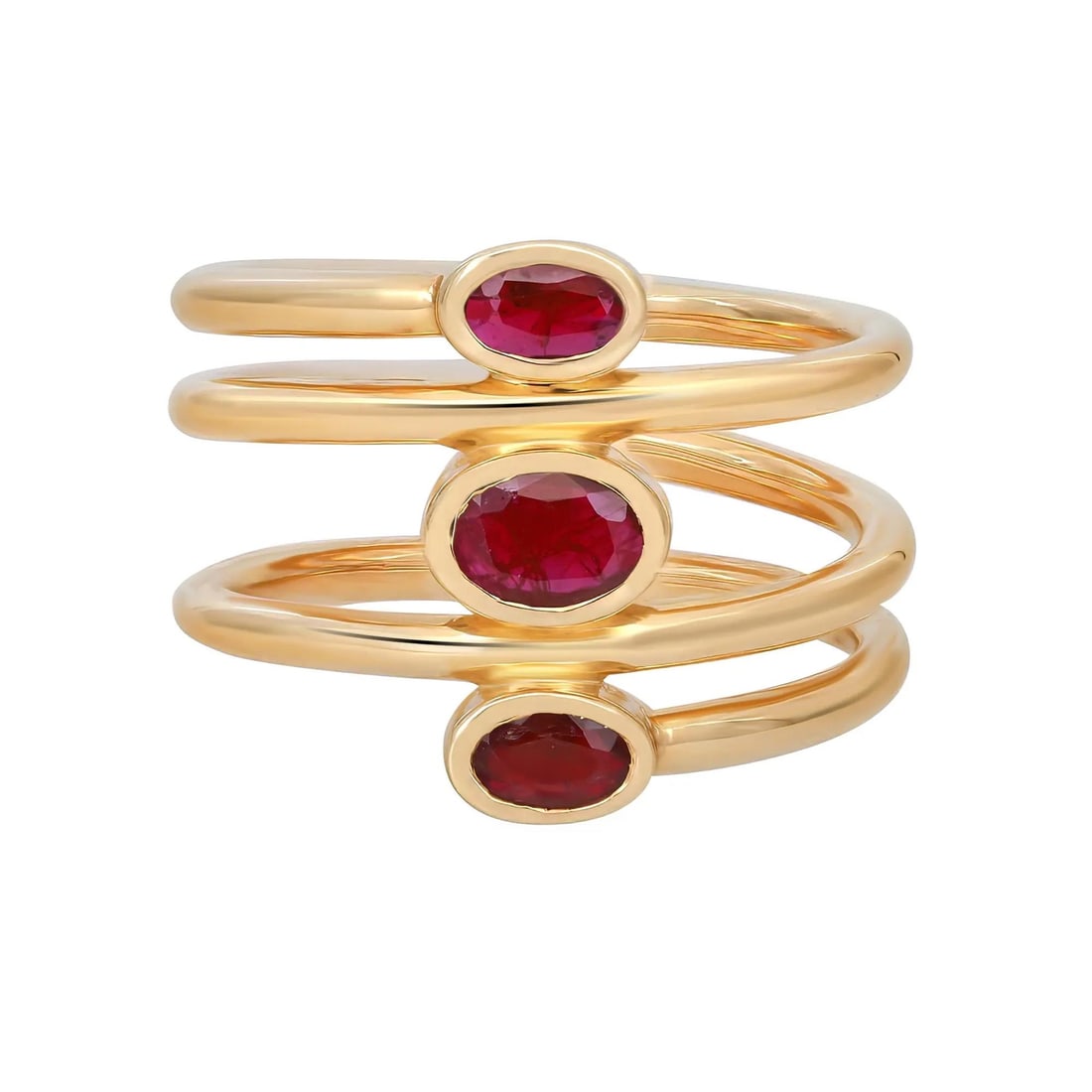 Rachel Koen 14K Yellow Gold Bezel Set Ruby Multi Band Ring 0.89ctw Size 6.75: Rachel Koen 14K Yellow Gold Bezel Set Ruby Multi Band Ring 0.89ctw Size 6.75 This exquisite multi-band ring showcases three stunning oval cut rubies, elegantly set in a bezel style. Crafted from high-