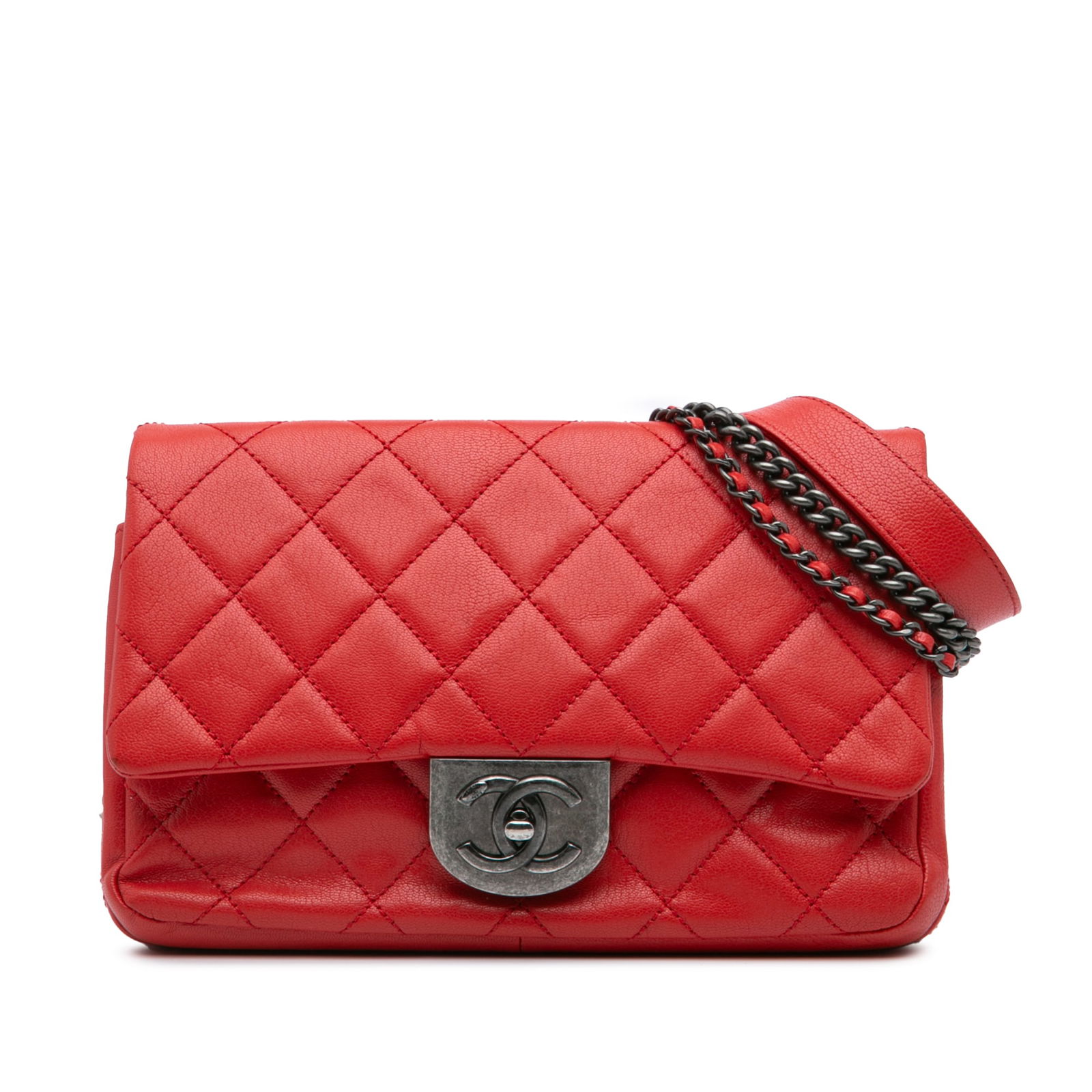 Chanel Small Quilted Goatskin Double Carry Waist Chain Flap Red Bag (1 of 10)